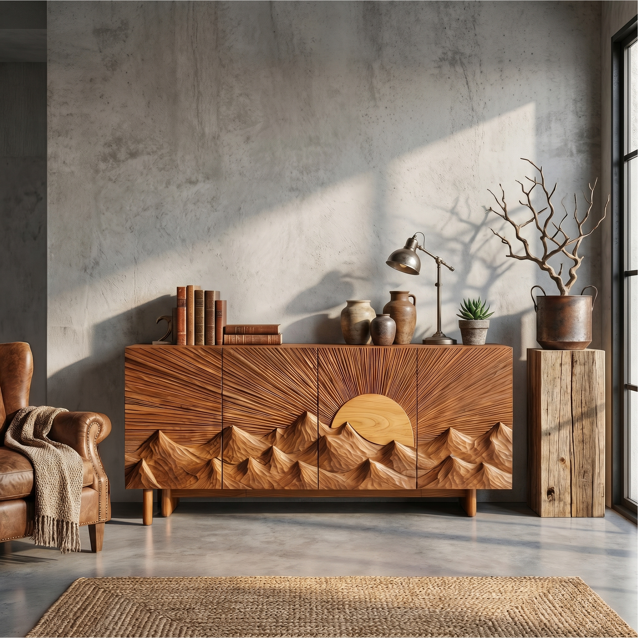 Contemporary Landscape Sideboard With Sculptural Carved Wood Doors For Living Room