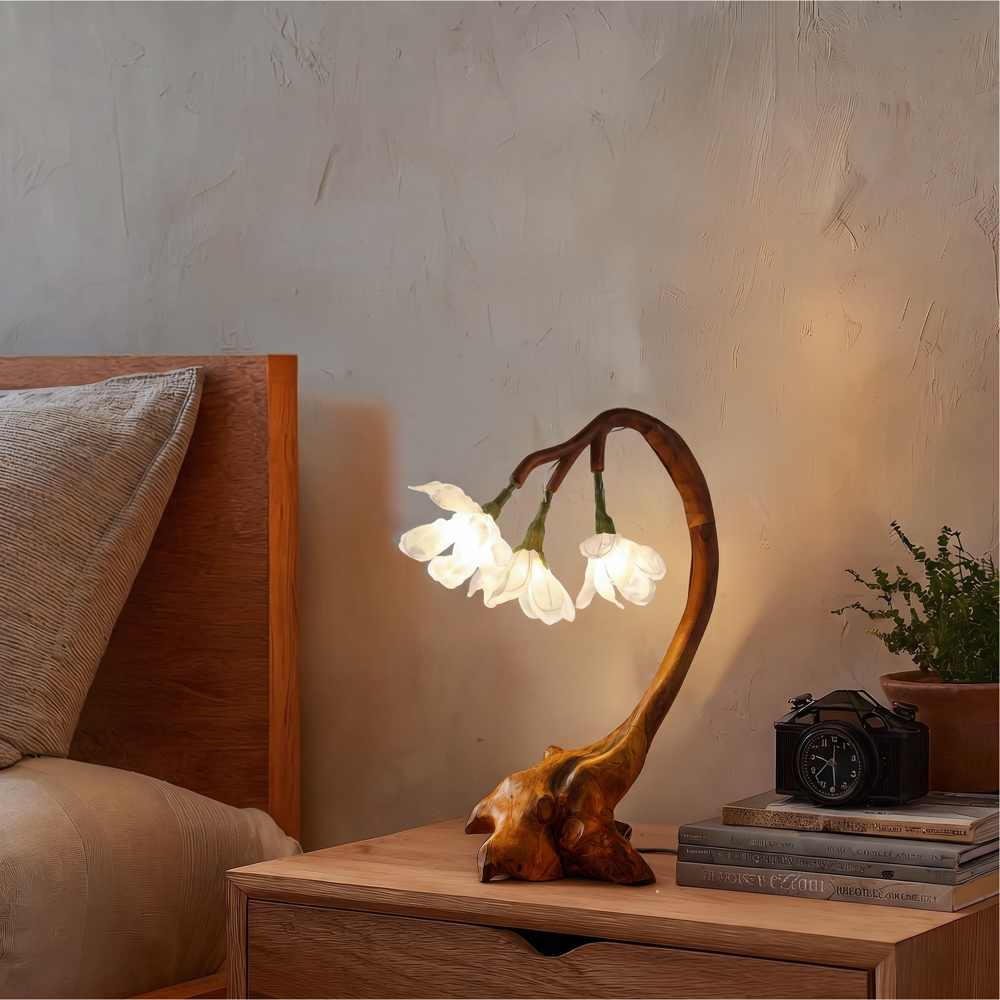 Organic Flower Table Lamp With Sculptural Wood Base For Bedroom And Living Room