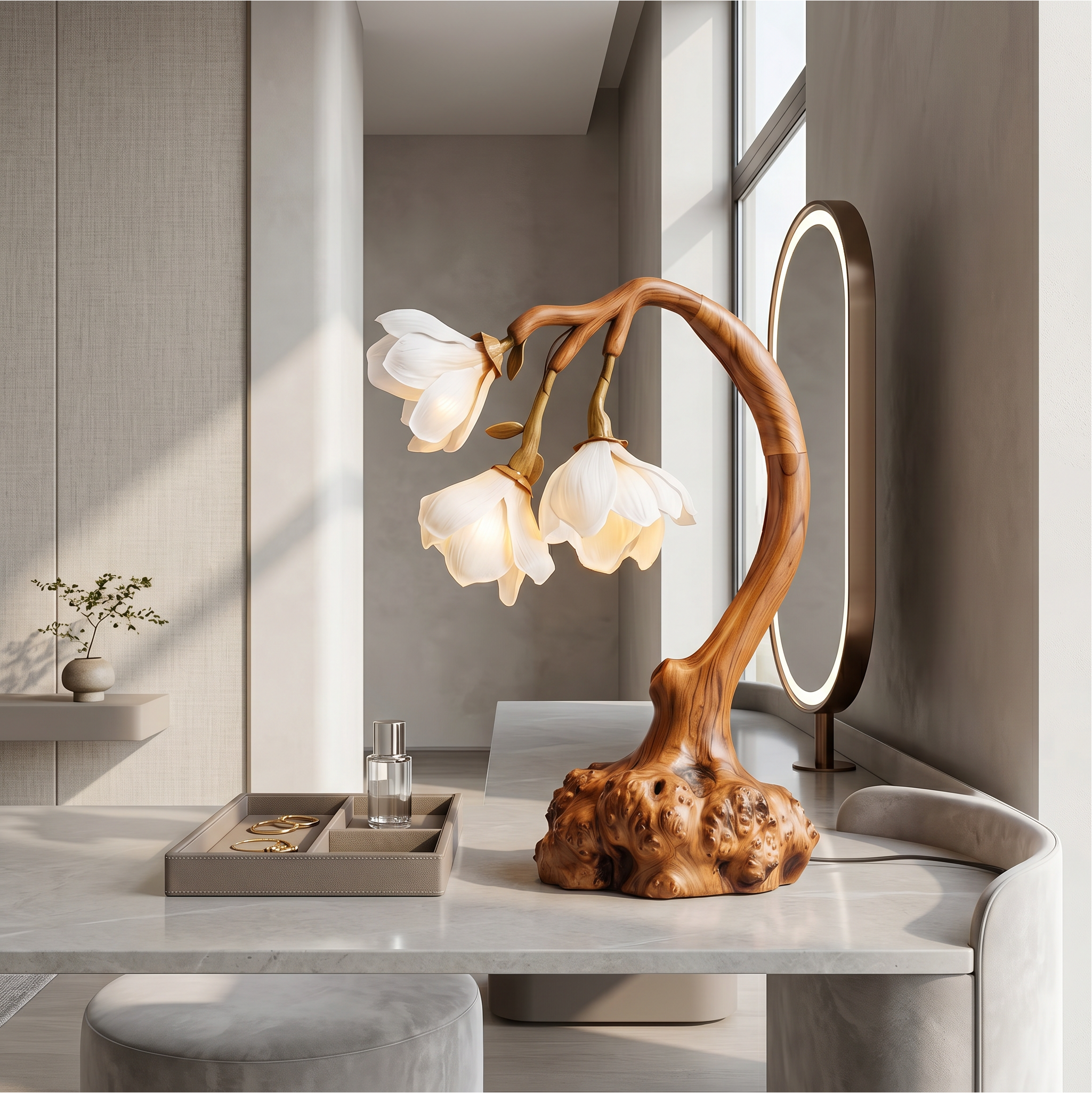 Minimalist Floral Table Lamp With Organic Wood Base For Bedroom And Living Room