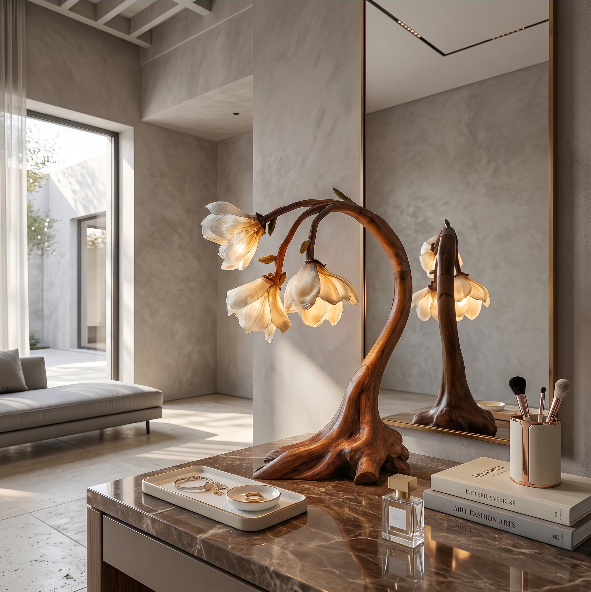 Rustic Floral Table Lamp With Sculptural Driftwood Base For Bedroom And Living Room