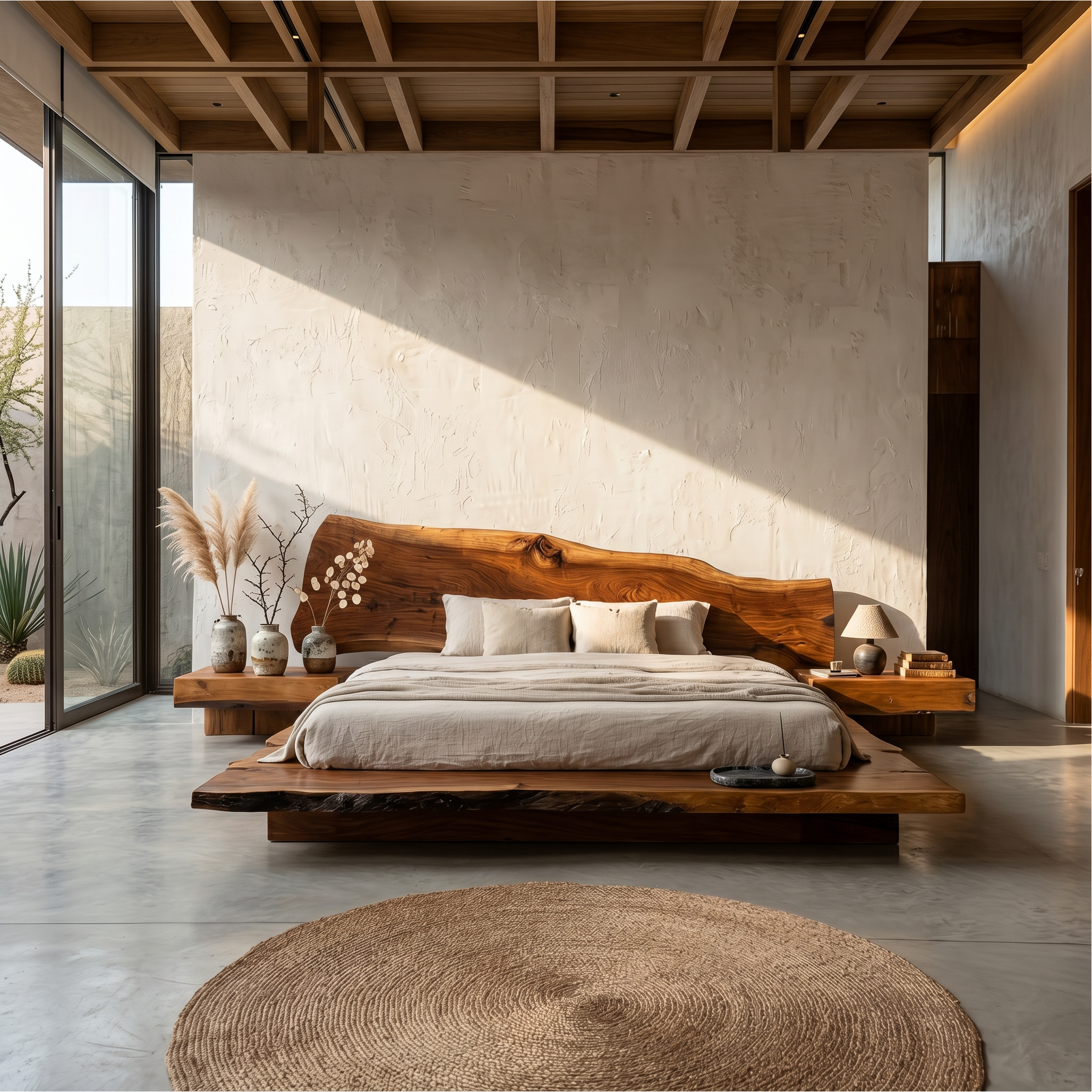 Organic Sculptural Bed Frame With Handcrafted Solid Wood Headboard And Floating Platform Design For Bedroom