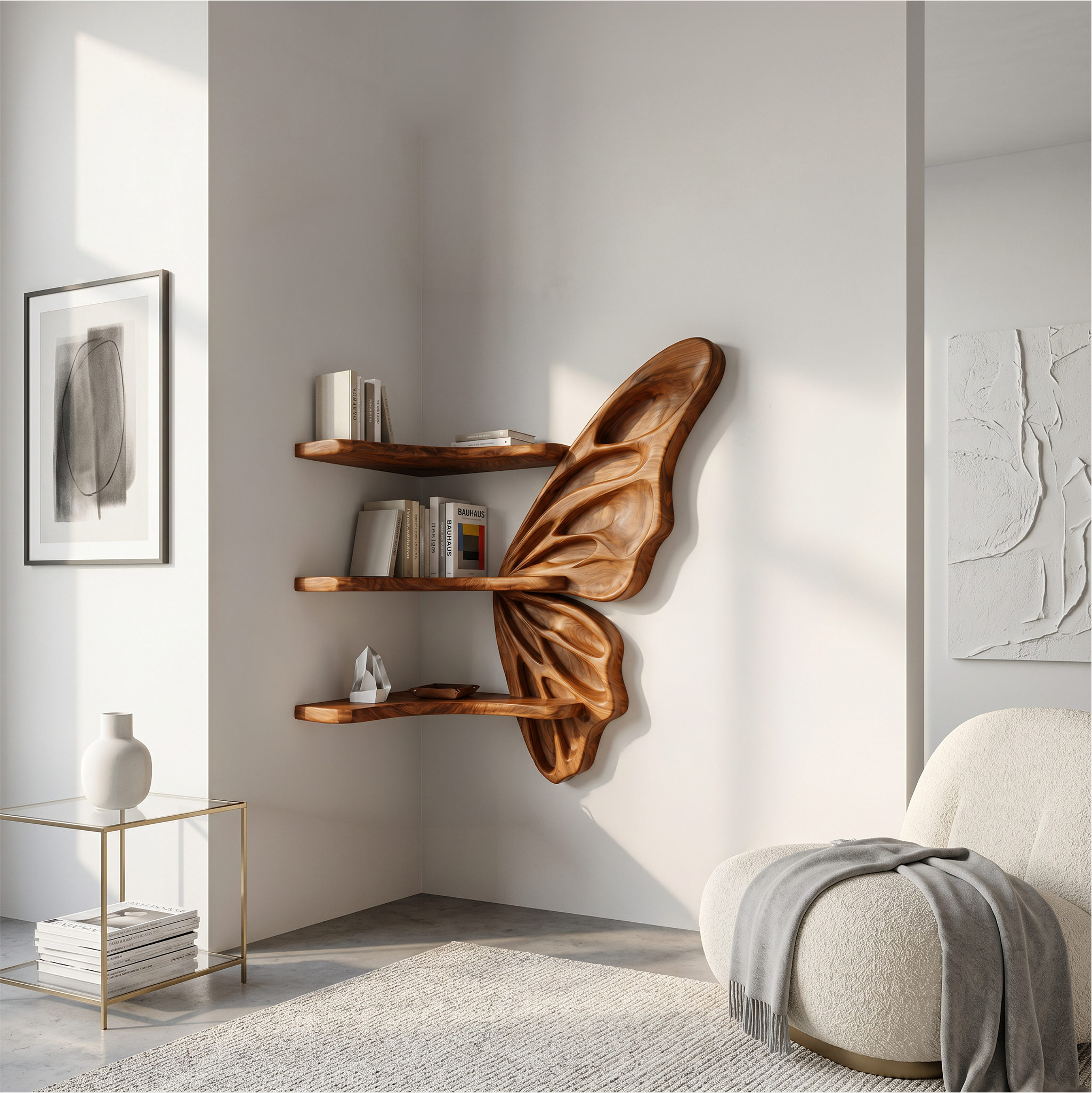Organic Butterfly Wall Shelf With Floating Display Shelves For Living Room