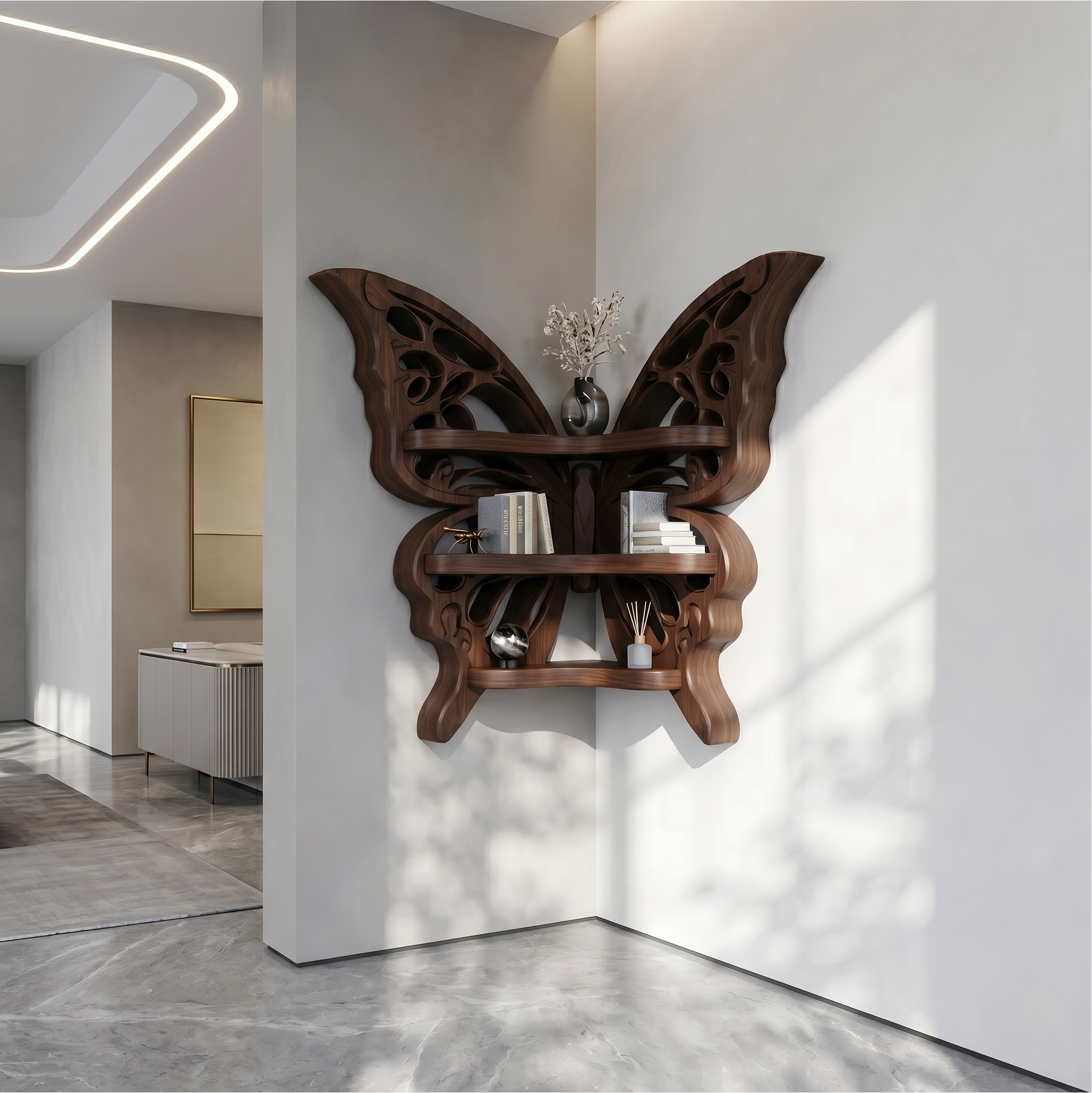 Sculptural Butterfly Floating Shelf With Handcrafted Solid Wood Design For Living Room