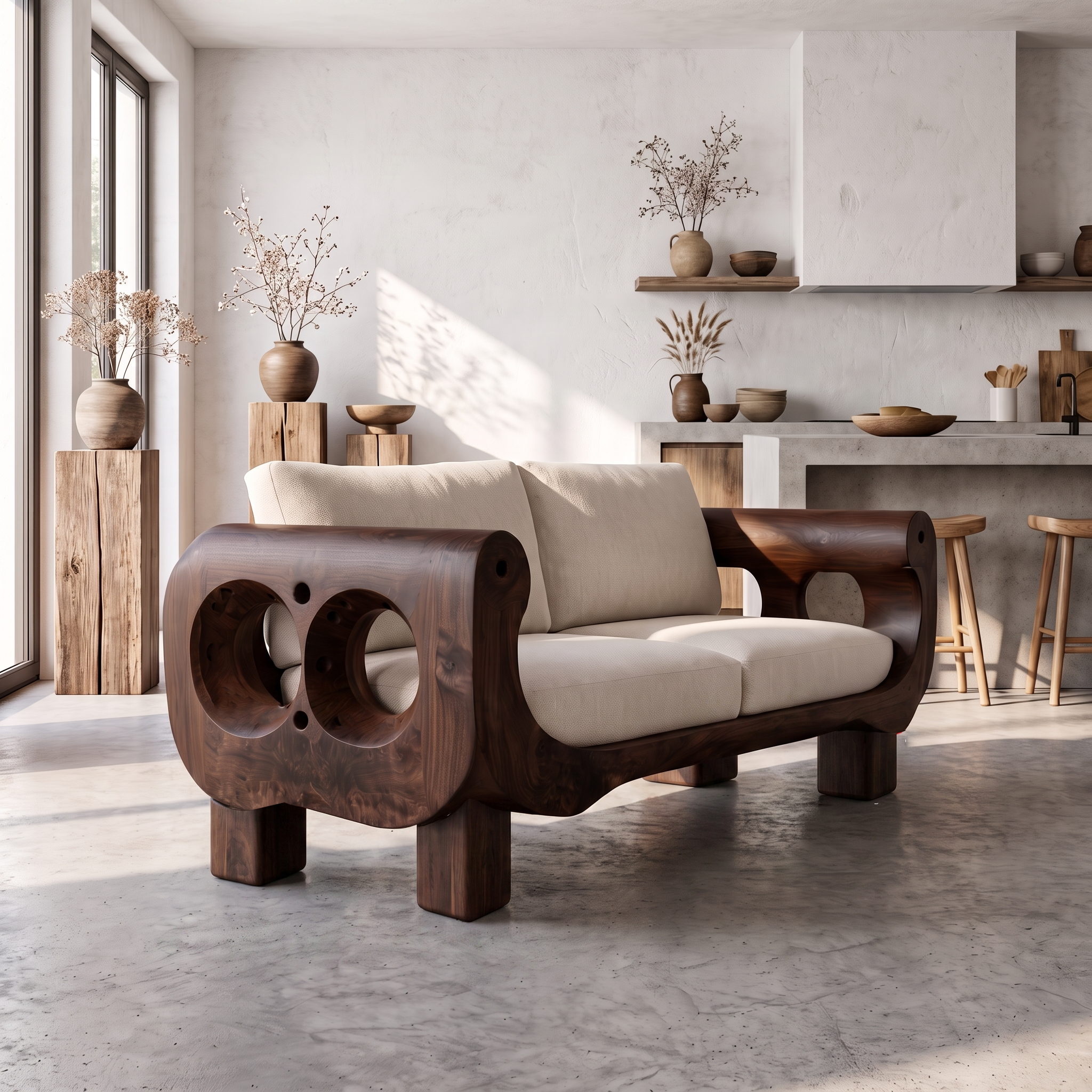 Rustic Sofa Frame With Handcrafted Sculptural Wood Design For Living Room