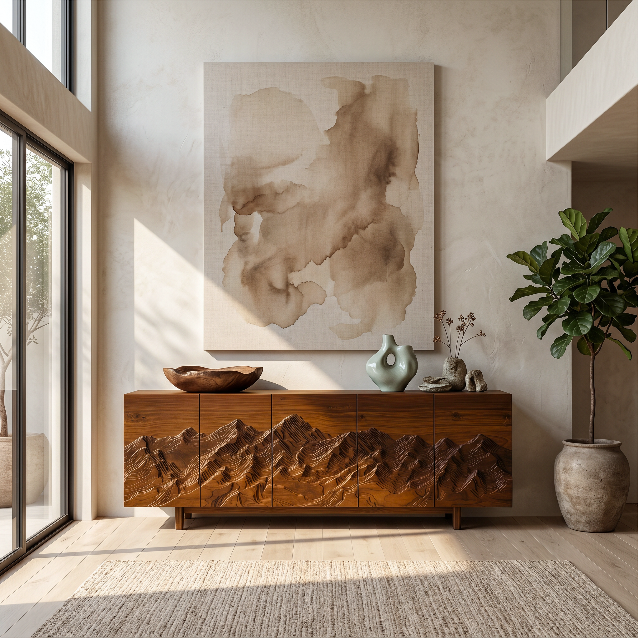 Rustic Mountain Sunrise Sideboard With Hand Carved Wood Doors For Living Room And Entryway