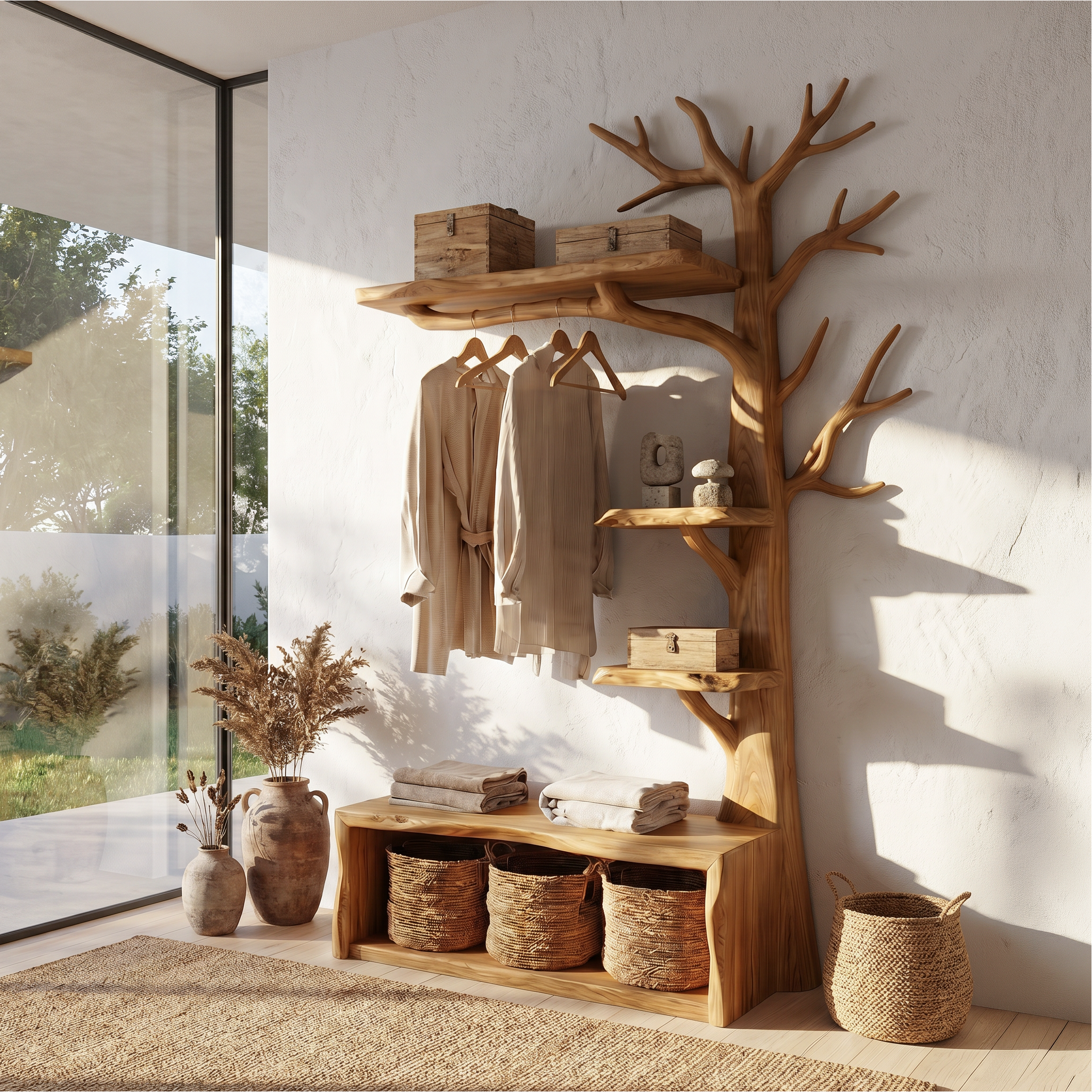 Natural Tree Coat Rack Bench Entryway And Hallway