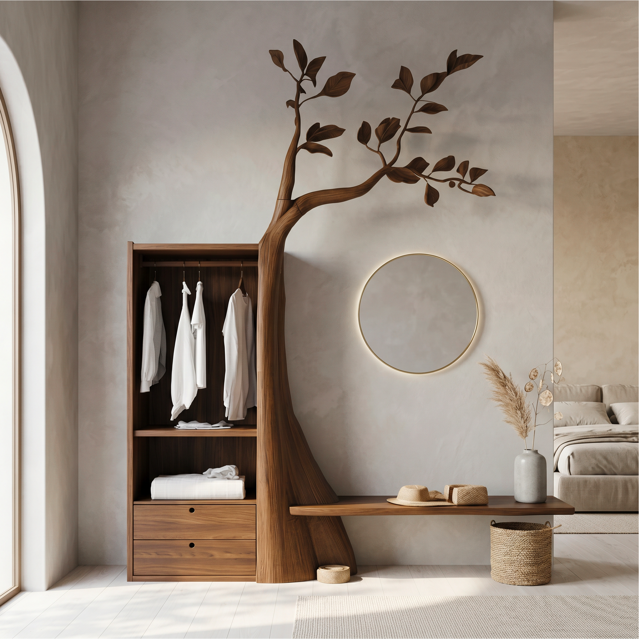 Organic Modern Tree Coat Rack Seating Bench Entryway And Bedroom