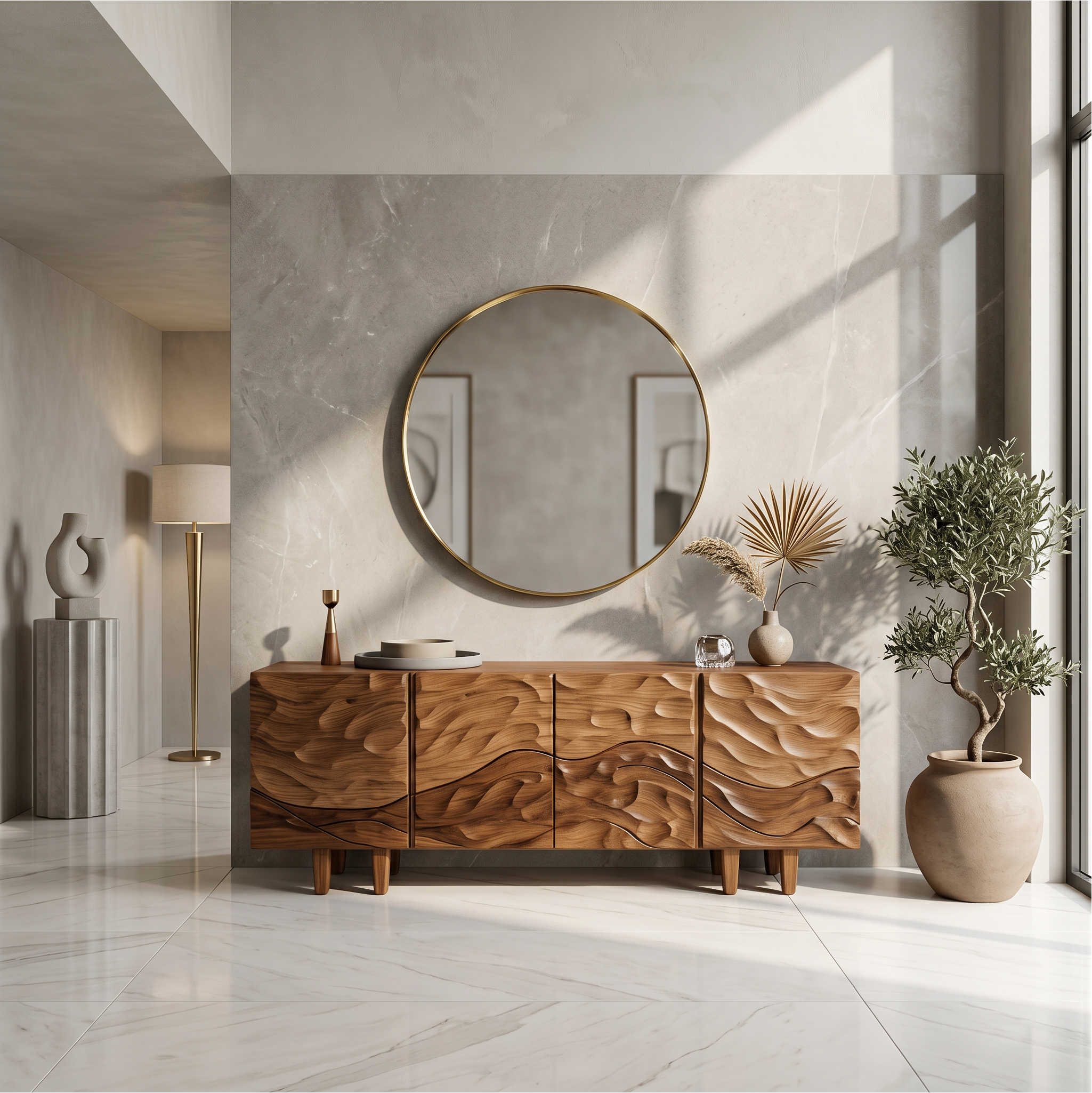 Sculptural Sideboard With Flowing Wood Grain Doors For Living Room