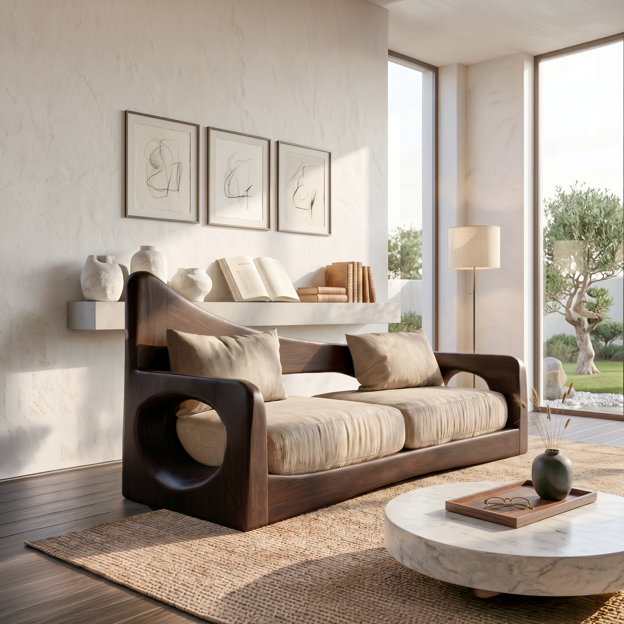 Modern Organic Sofa With Sculptural Perforated Wood Frame