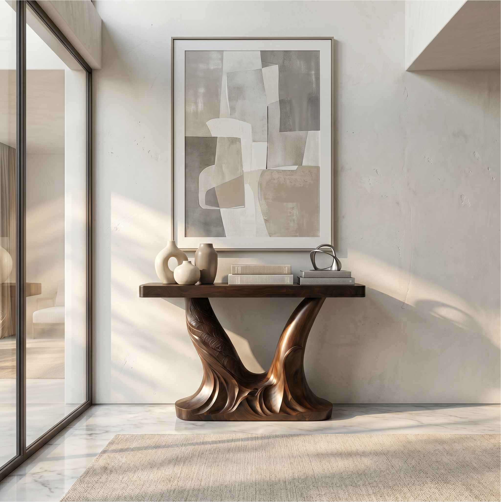 Organic Console Table With Sculptural Double Pedestal Base For Entryway