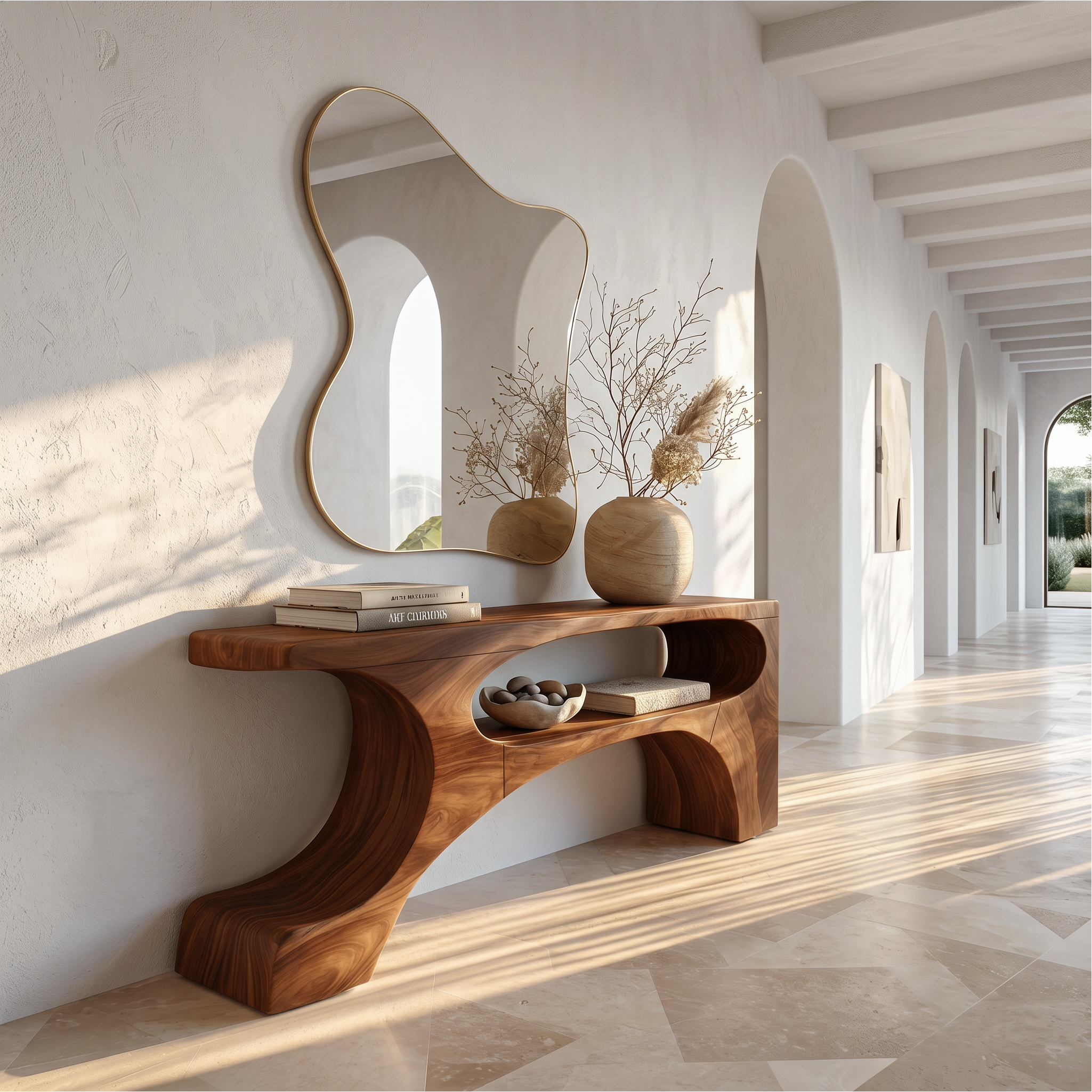 Contemporary Console Table With Organic Pedestal Design For Foyer