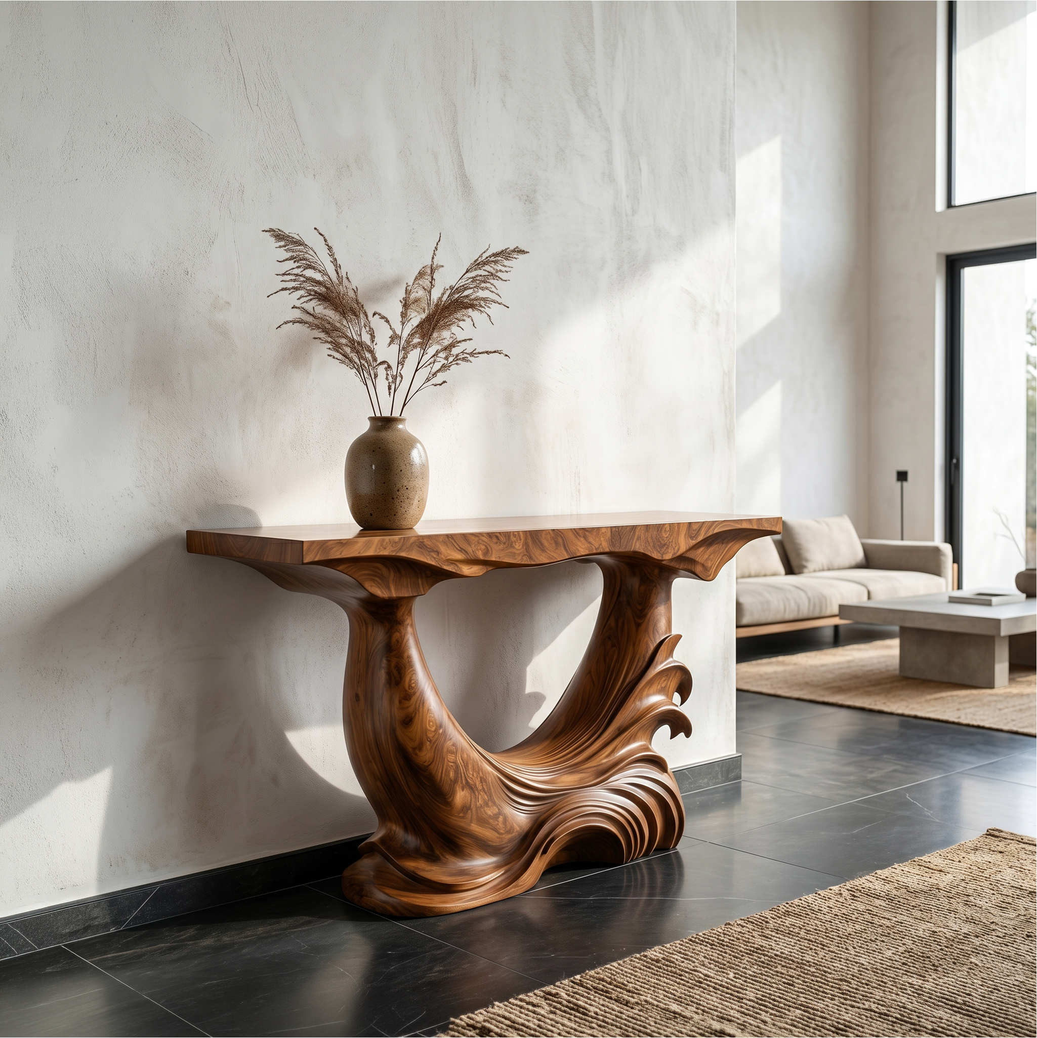 Natural Console Table With Flowing Wood Sculpture For Hallway