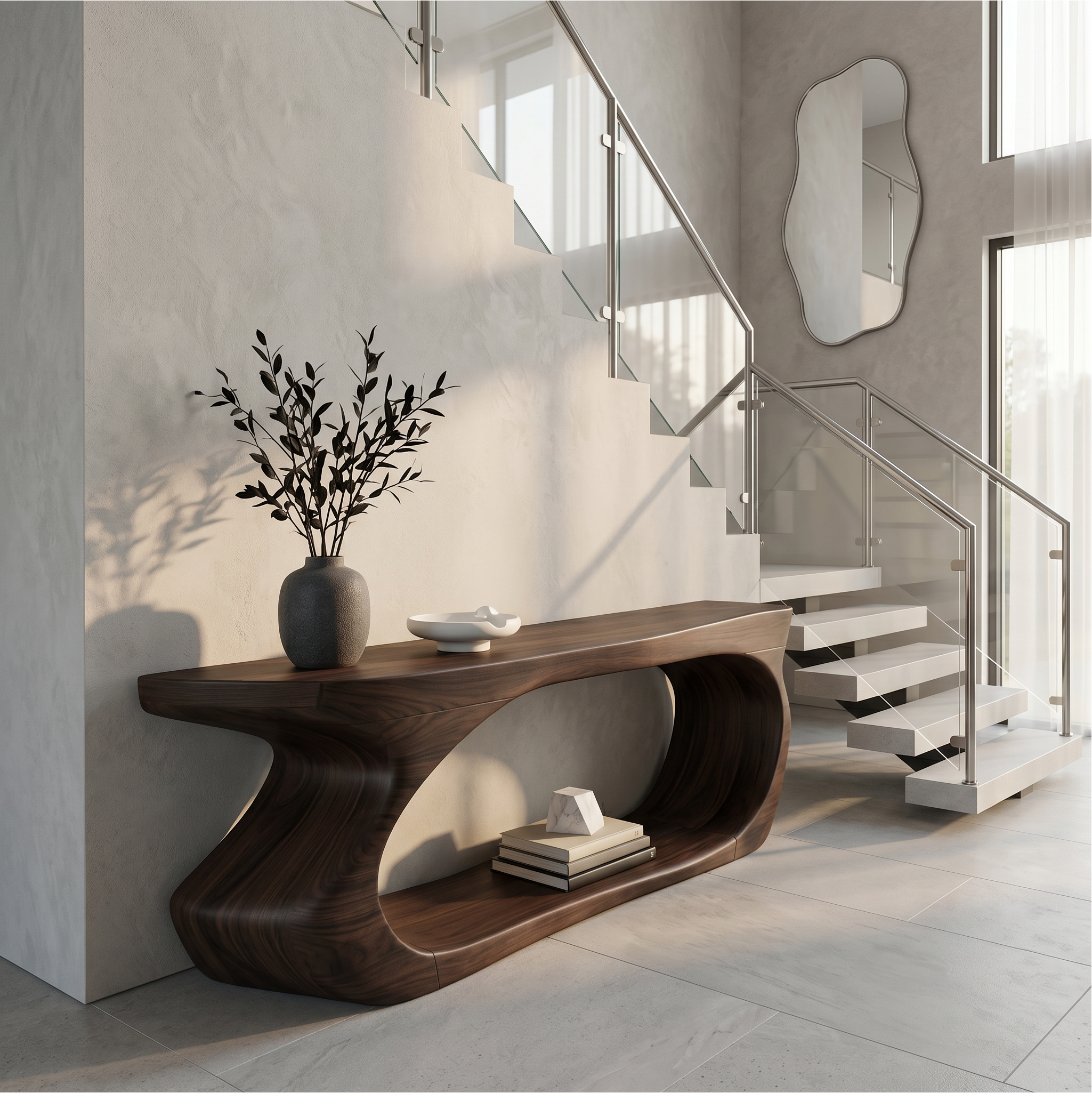 Modern Console Table With Sculptural Circular Form For Entryway