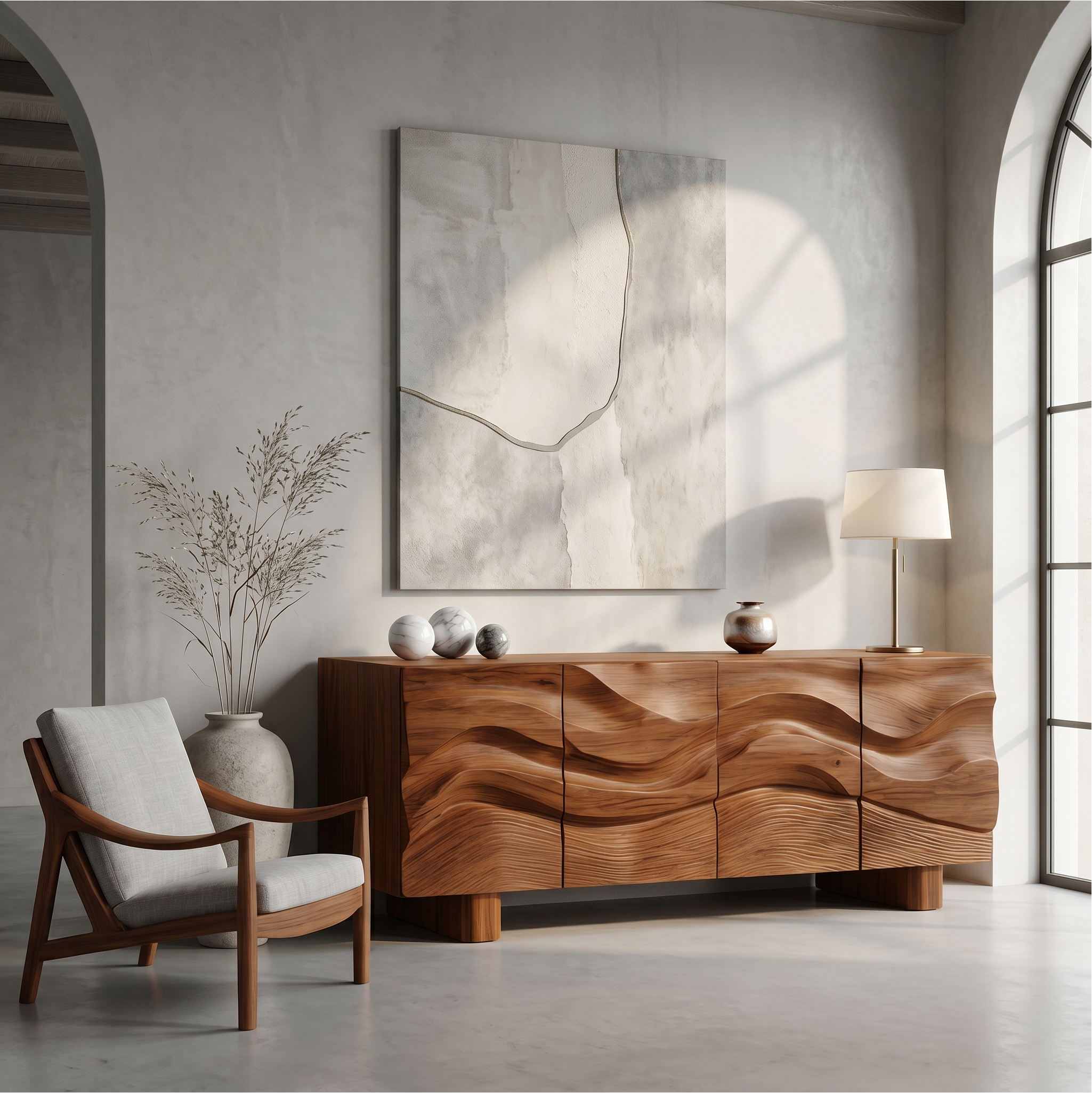 Modern Organic Sideboard With Wave Front Wood Doors For Living Room