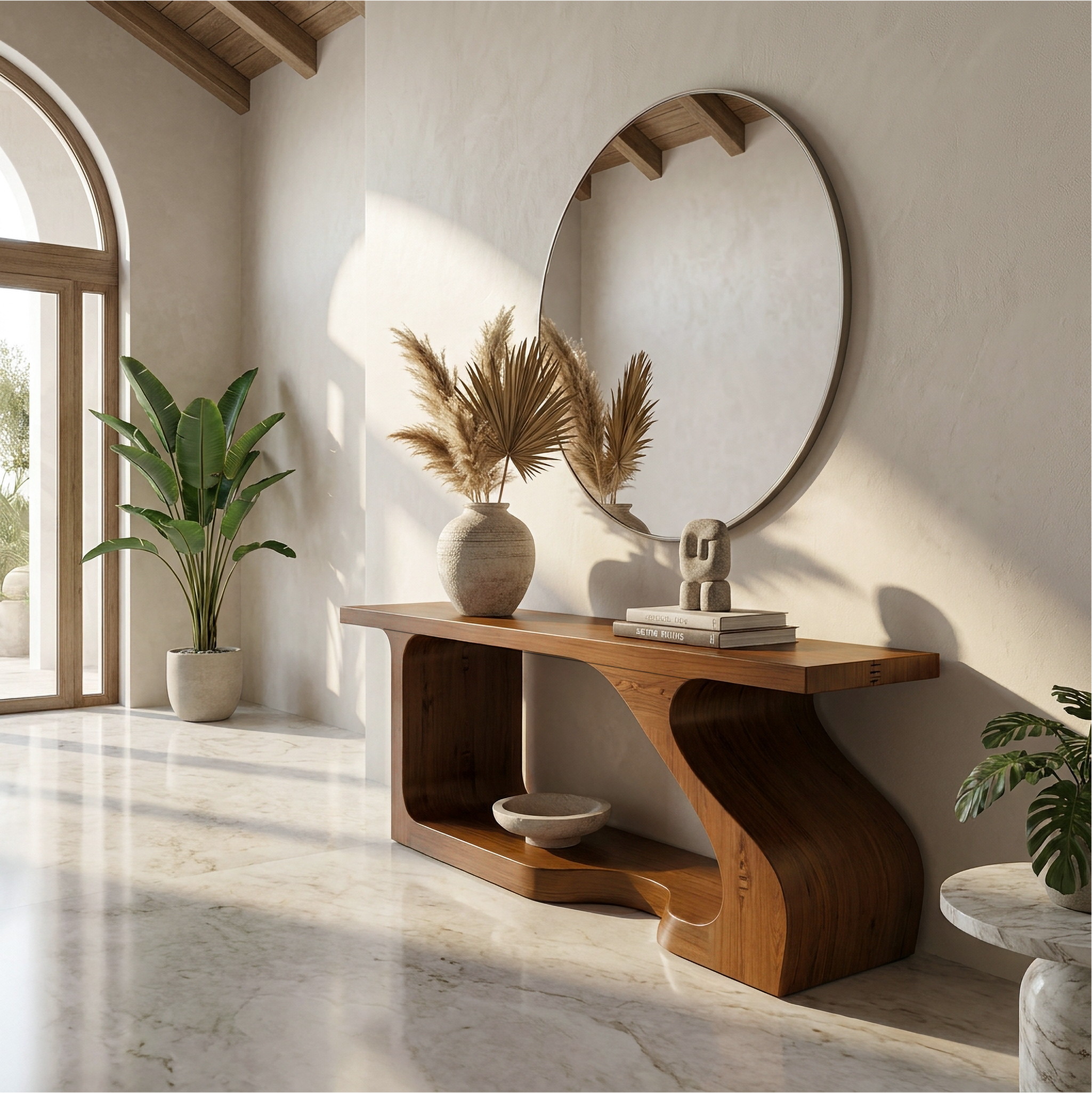 Modern Console Table With Sculptural Curved Form For Entryway