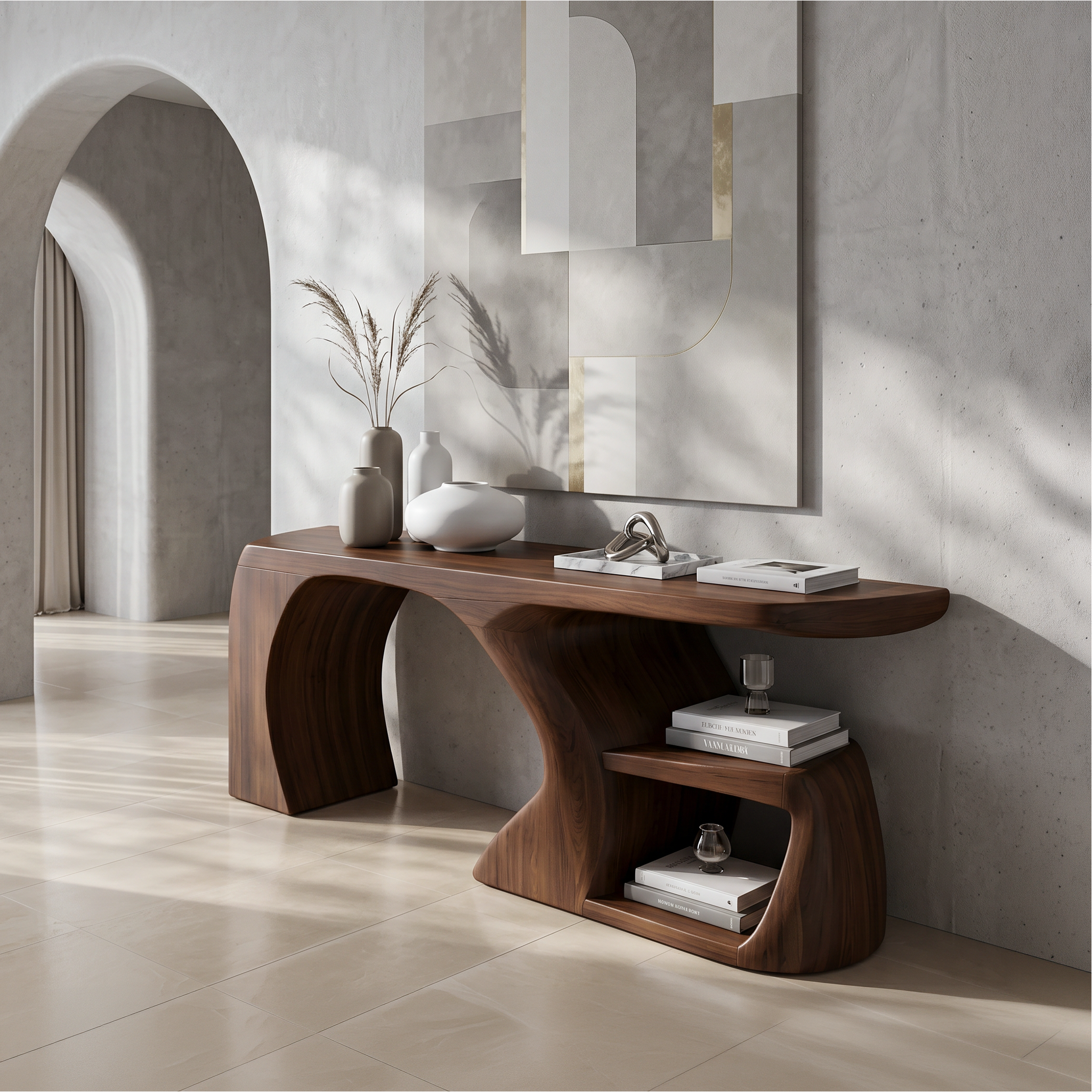 Modern Console Table With Architectural Curved Design For Entryway