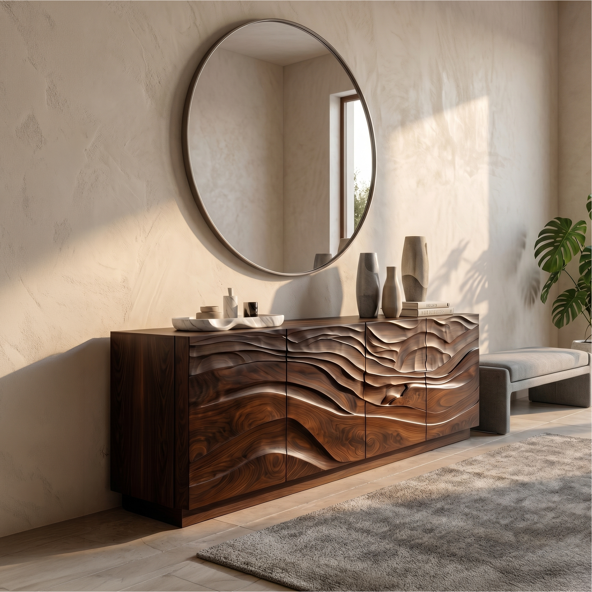 Organic Sideboard With Sculptural Wave Carved Wood Front For Living Room