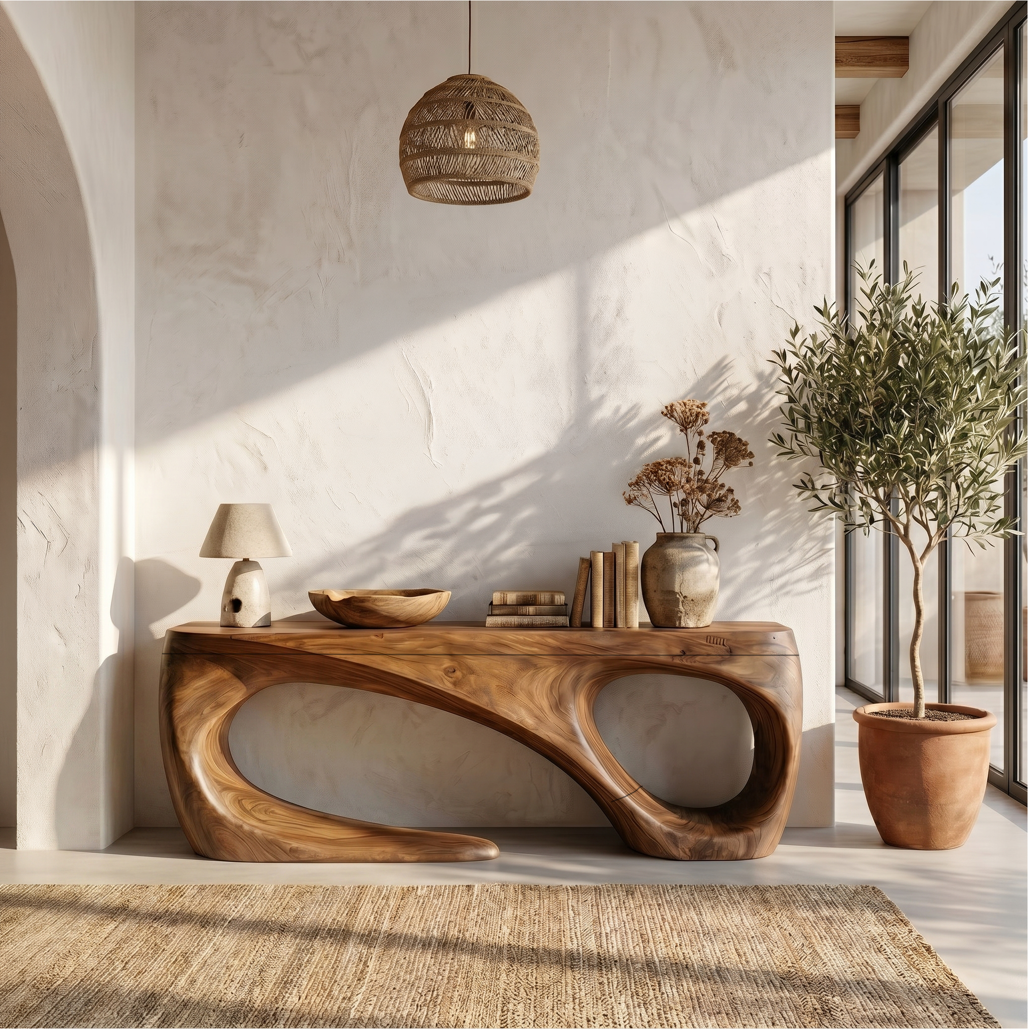 Rustic Console Table With Handcrafted Flowing Design For Living Room