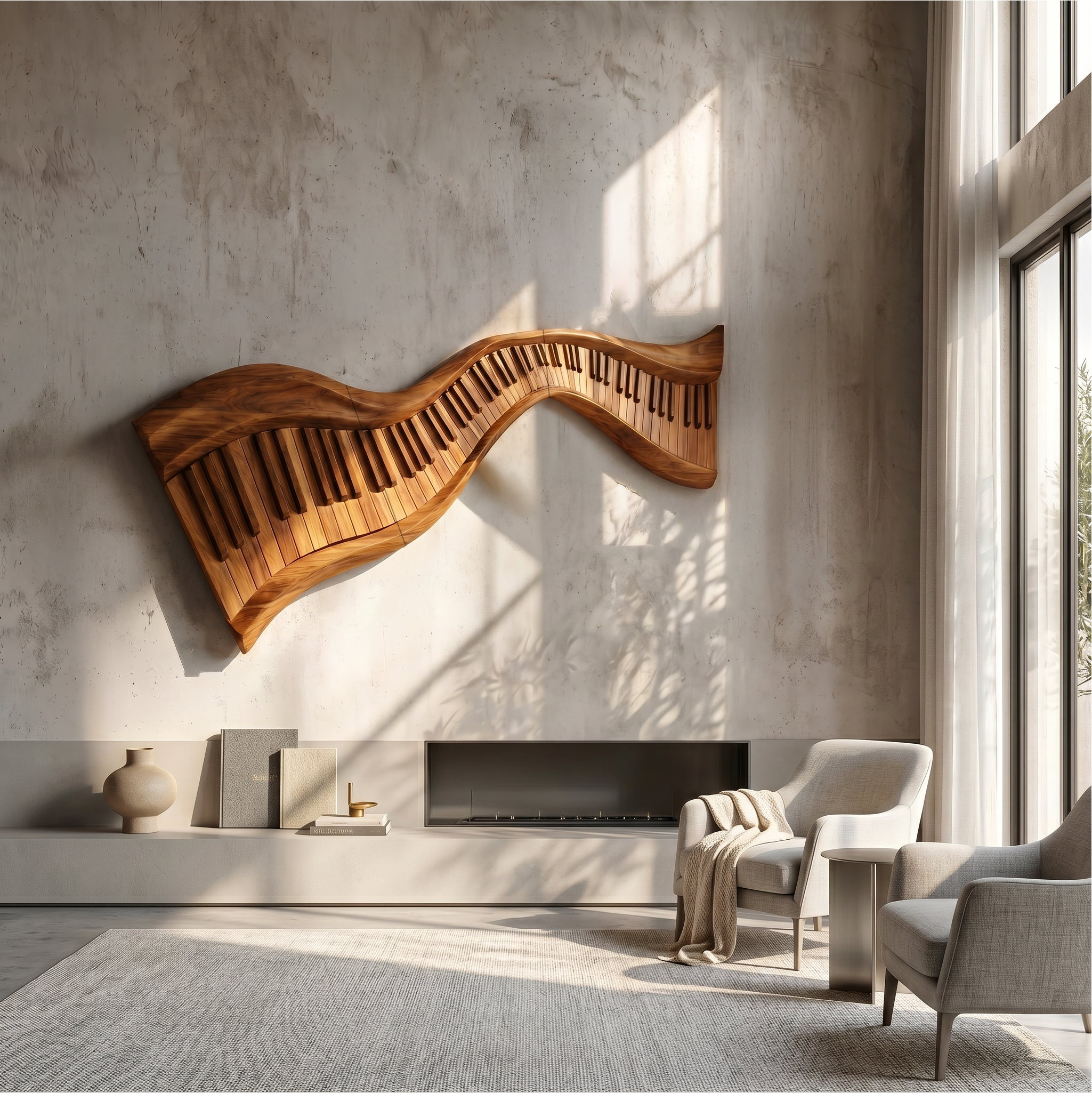 Organic Abstract Keyboard Wave Wooden Wall Sculpture For Living Room