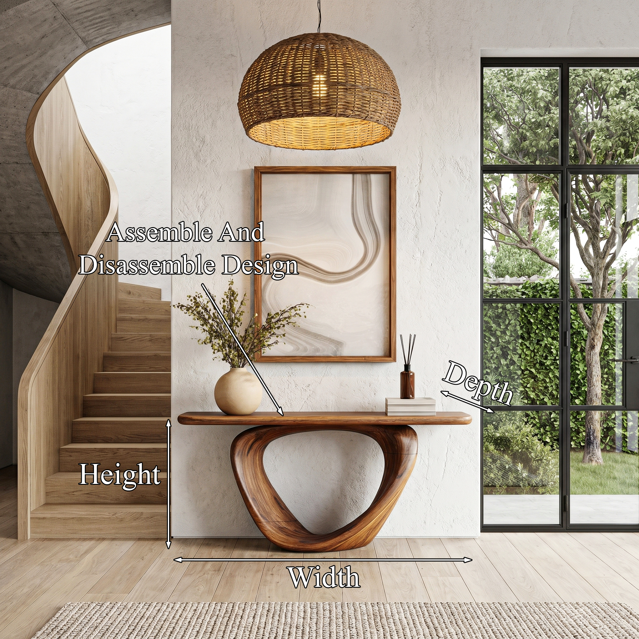 Sculptural Console Table With Loop Shaped Wooden Base Live Edge Console Table With Unique Sculptural Base Design