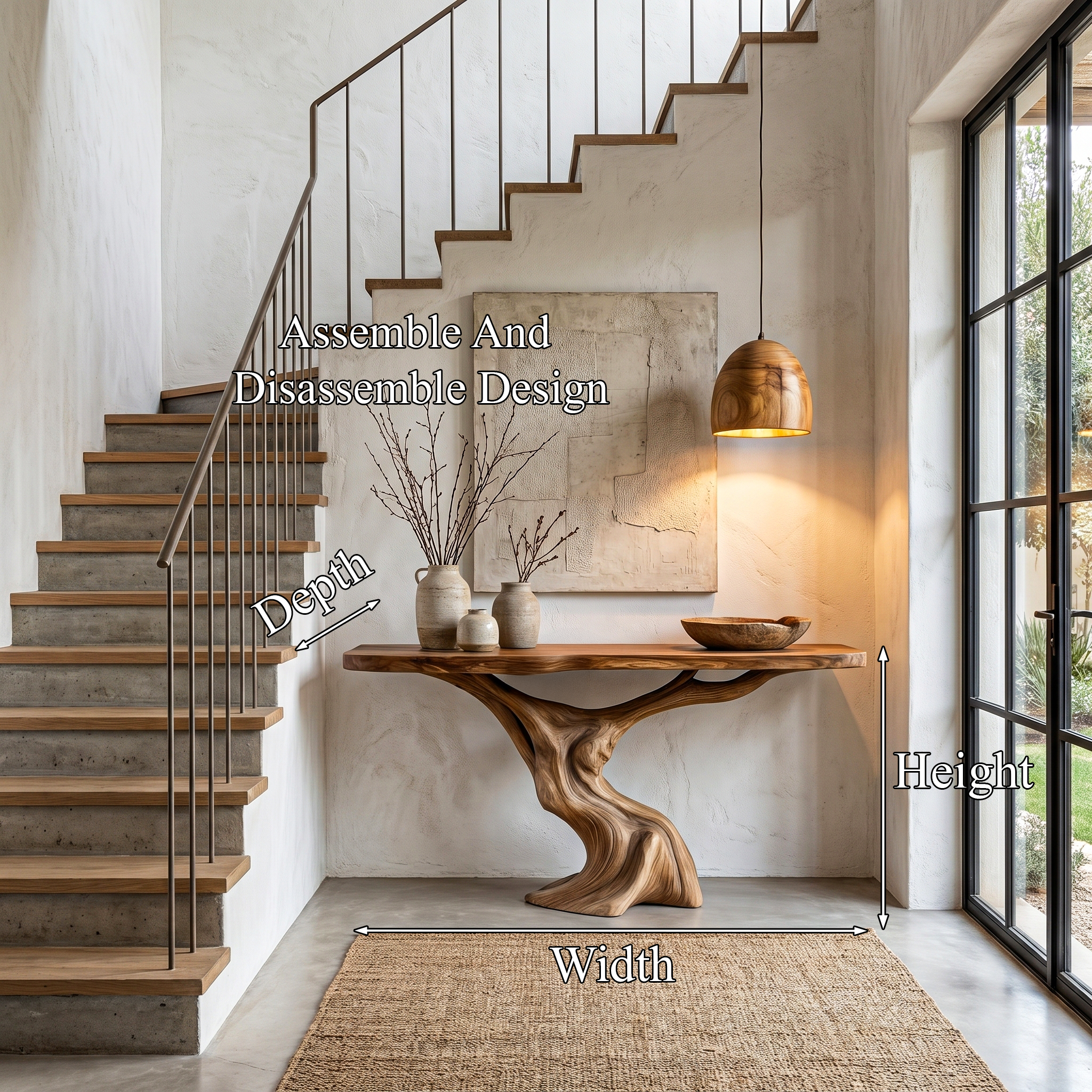 Rustic Organic Console Table With Unique Sculptural Tree Inspired Wood Base For Entryway And Living Room