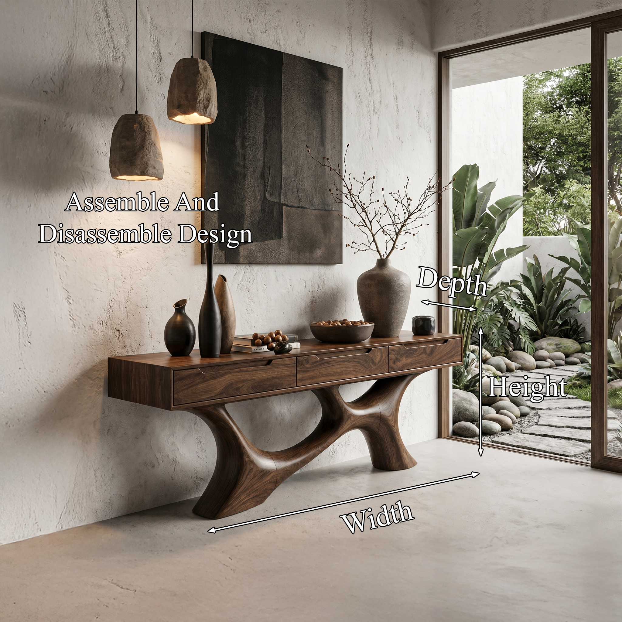 Modern Console Table With Built In Storage Cabinet And Sculptural Curved Wood Base For Entryway And Living Room
