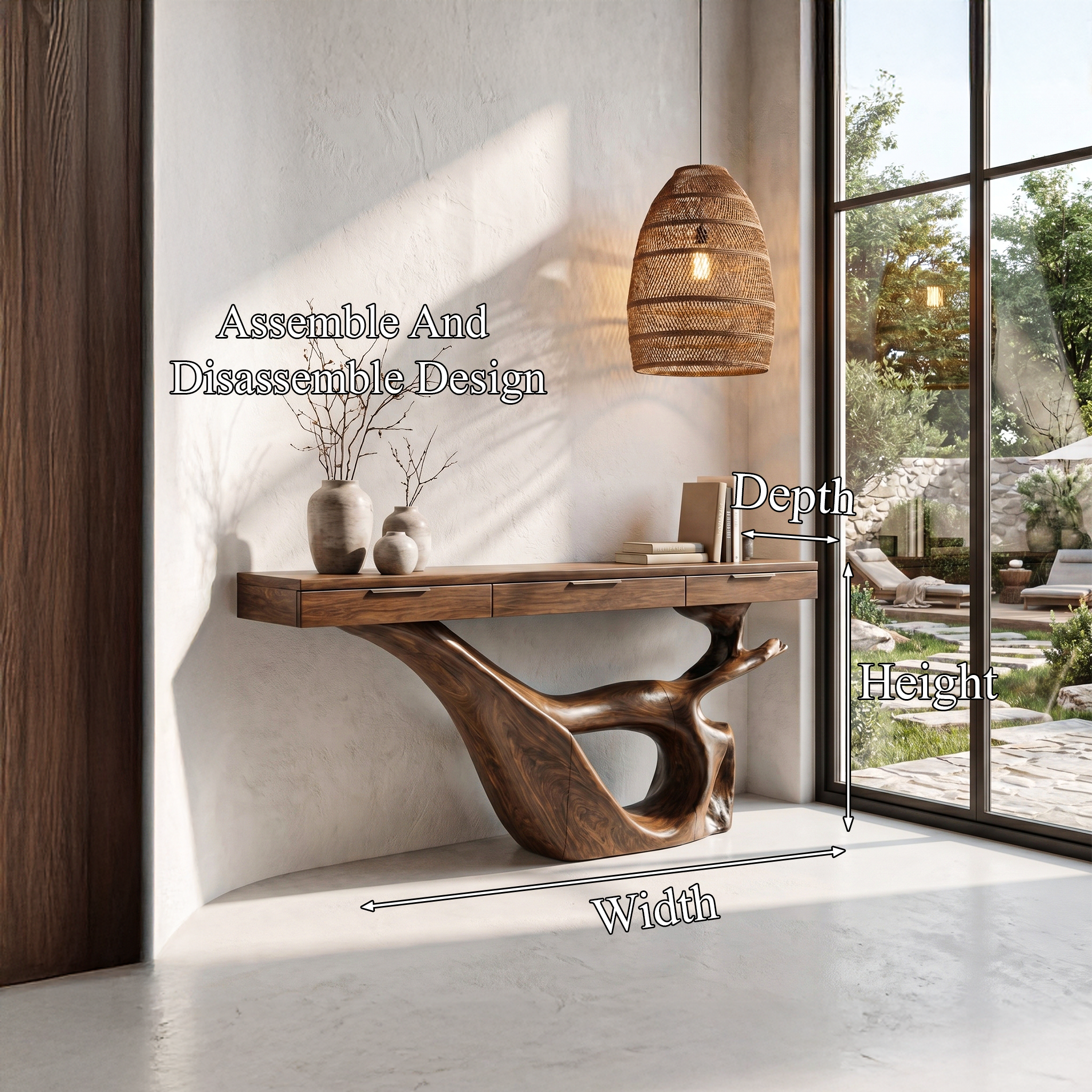 Minimal Console Table With Sculptural Curved Loop Wood Base And Solid Wood Top For Entryway And Living Room