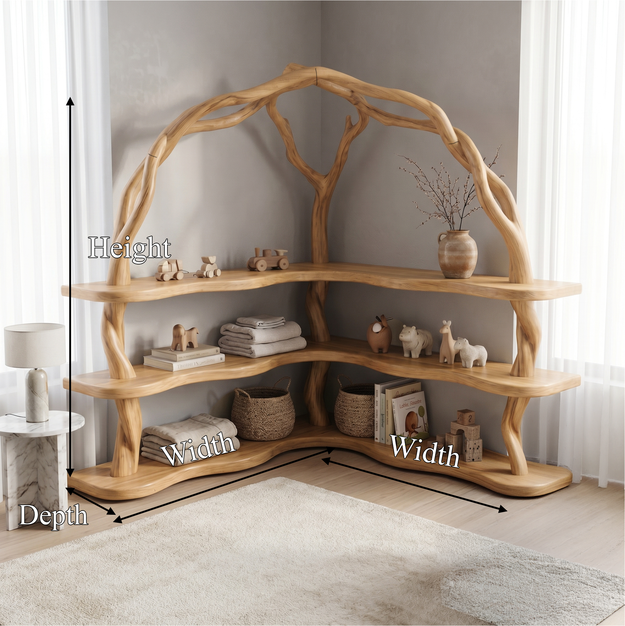 Organic Corner Bookcase With Natural Branch Frame Design For Living Room And Bedroom
