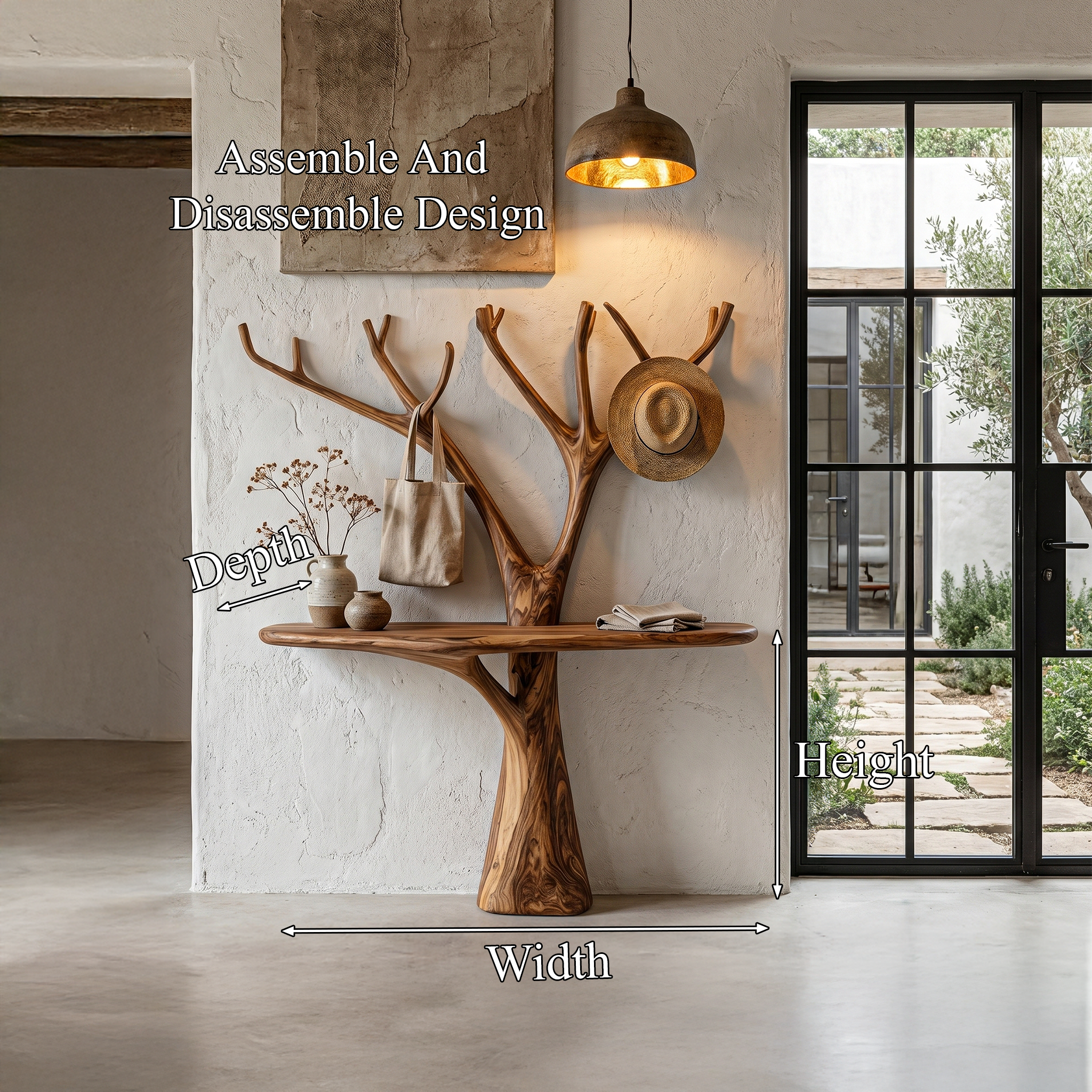 Rustic Organic Console Table With Tree Branch Wood Base For Living Room
