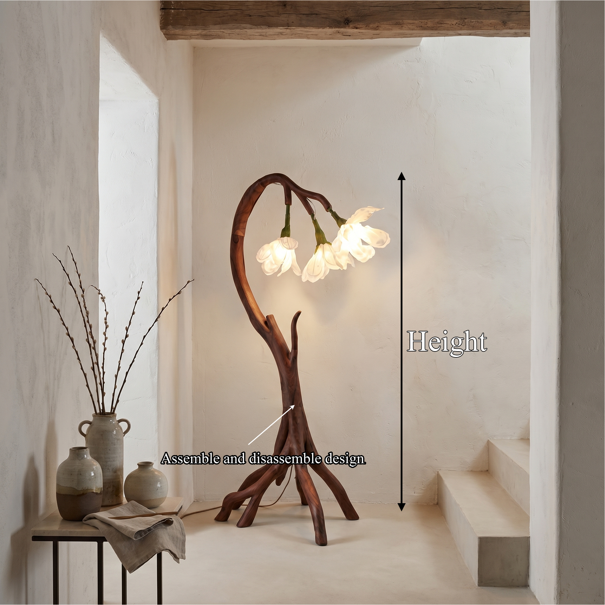 Botanical Flower Floor Lamp With Sculptural Wood Base For Living Room And Bedroom