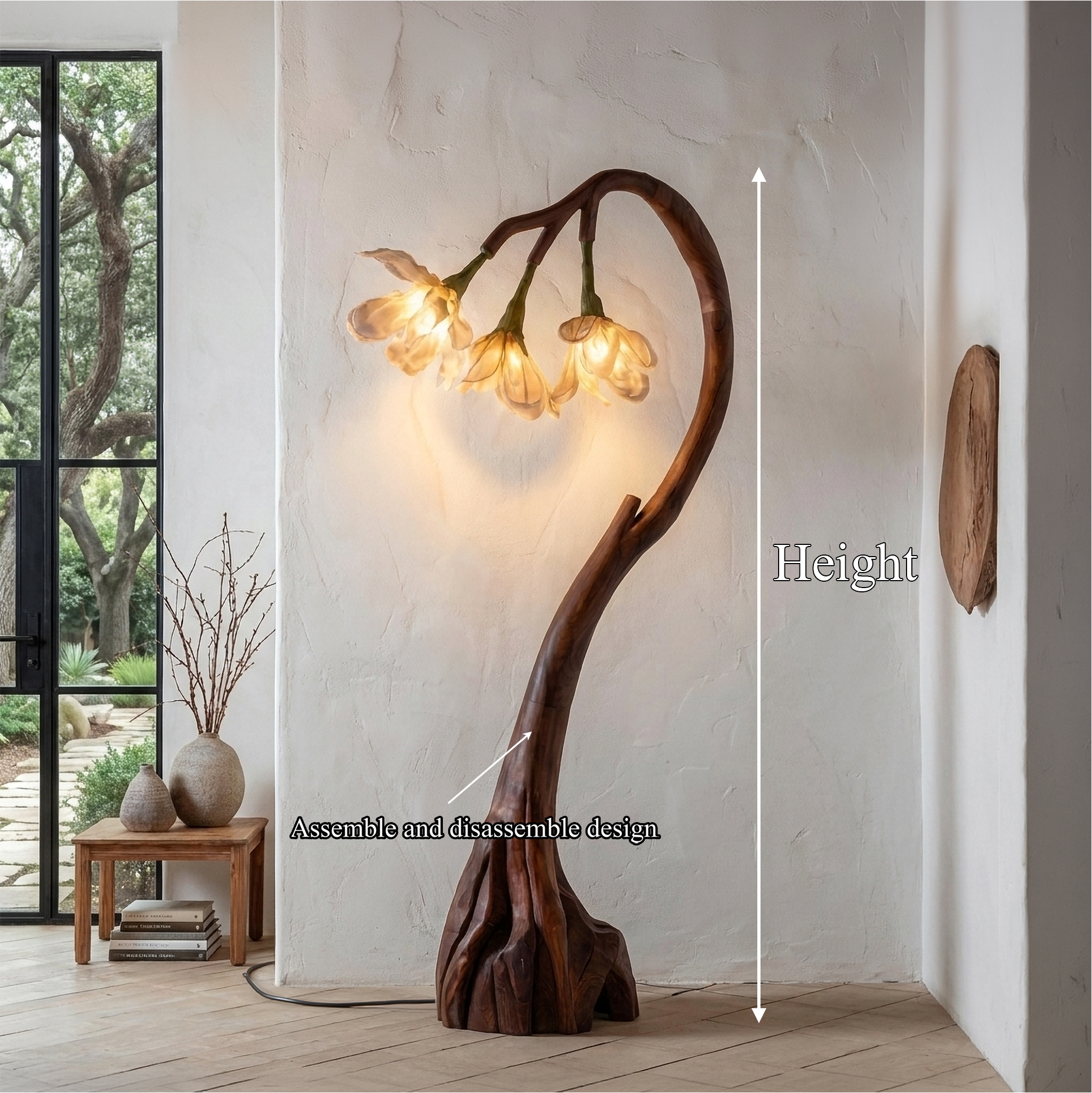Floral Floor Lamp With Organic Wood Base For Living Room And Bedroom