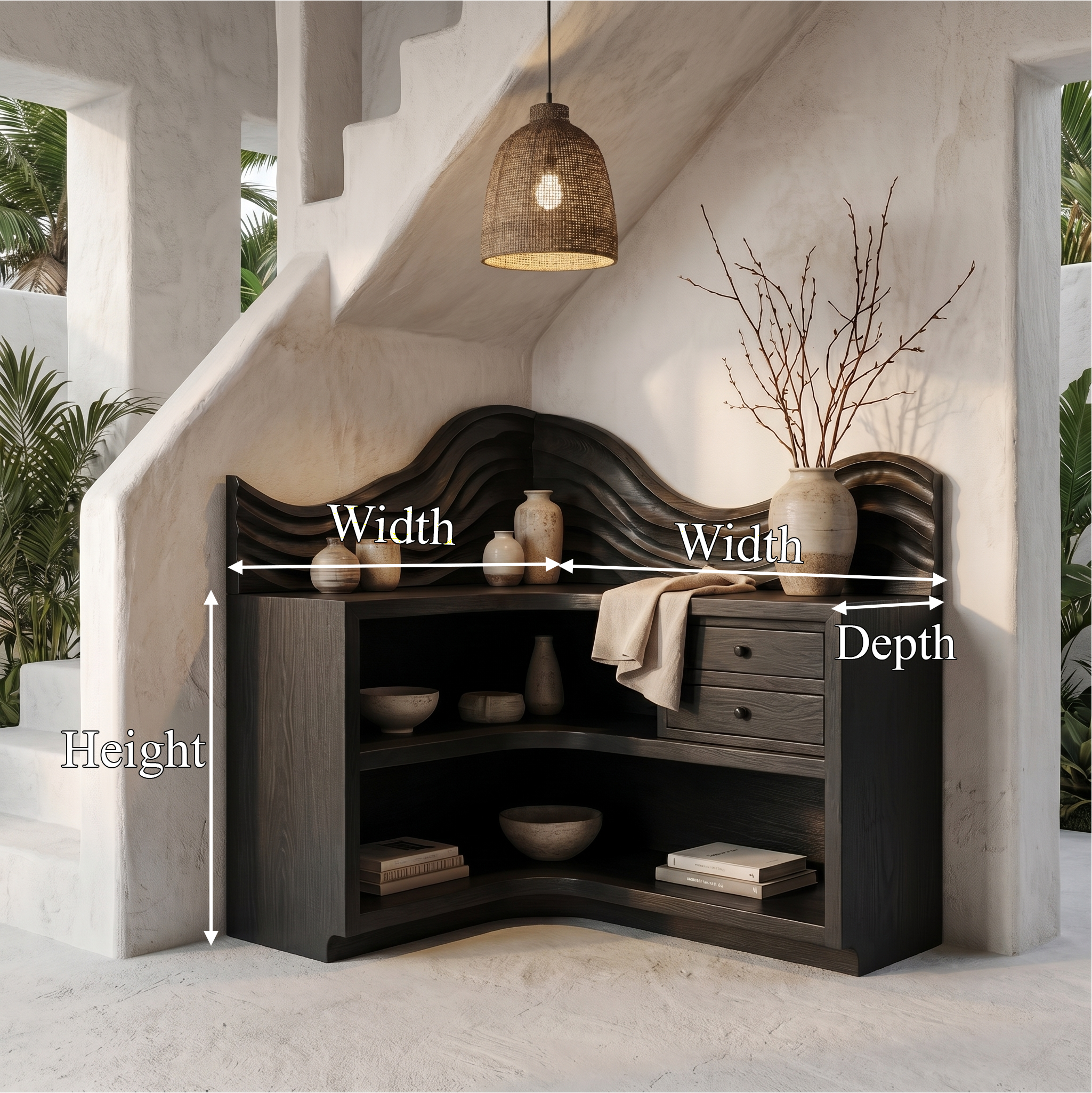 Rustic Corner Bookshelf With Arched Open Shelves And Drawer Storage For Living Room And Bedroom