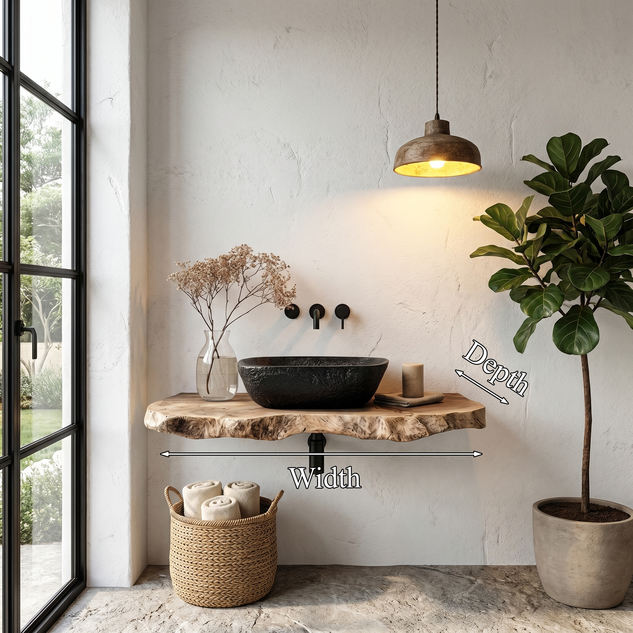 Rustic Floating Bathroom Vanity With Live Edge Wood Shelf For Bathroom And Powder Room