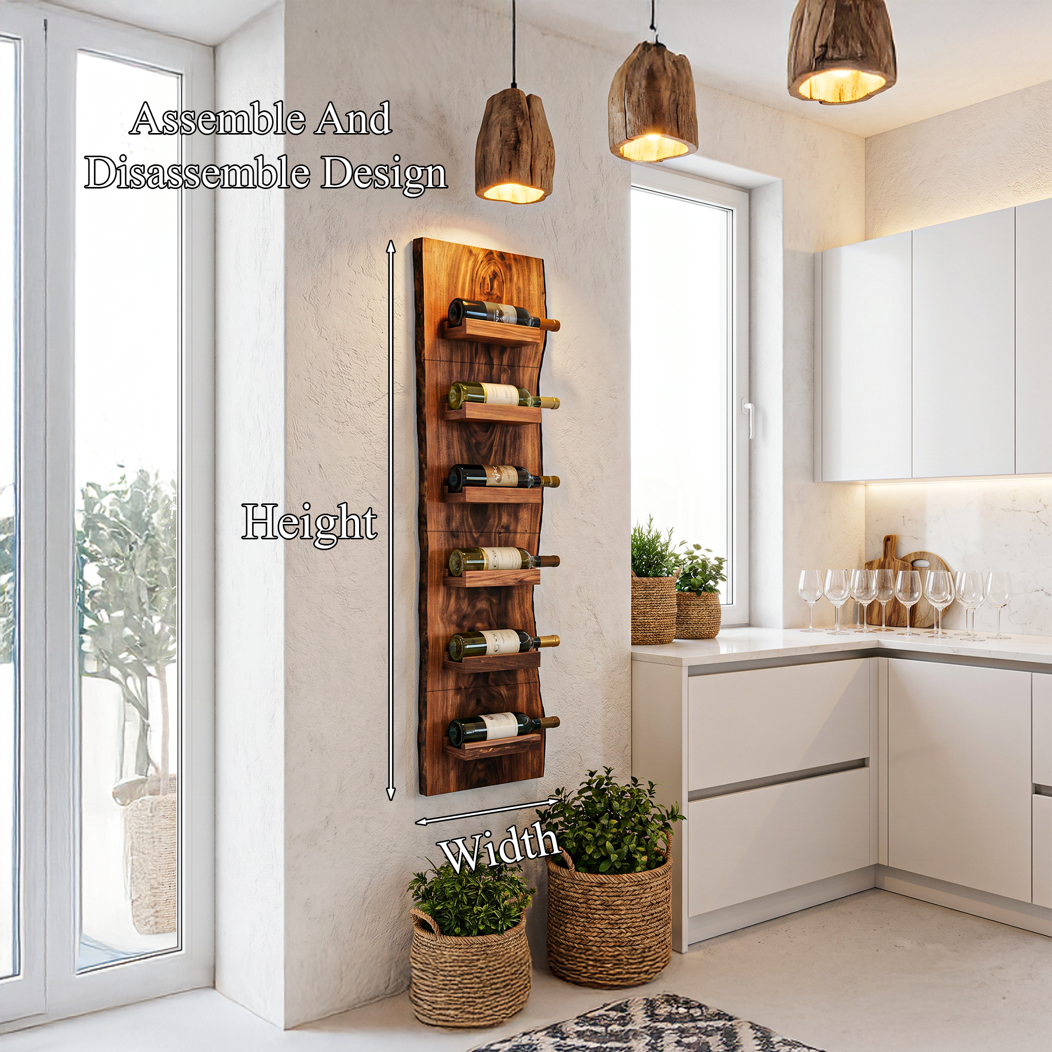 Rustic Wall Mounted Wine Rack With Vertical Wooden Storage Shelves For Kitchen And Dining Room