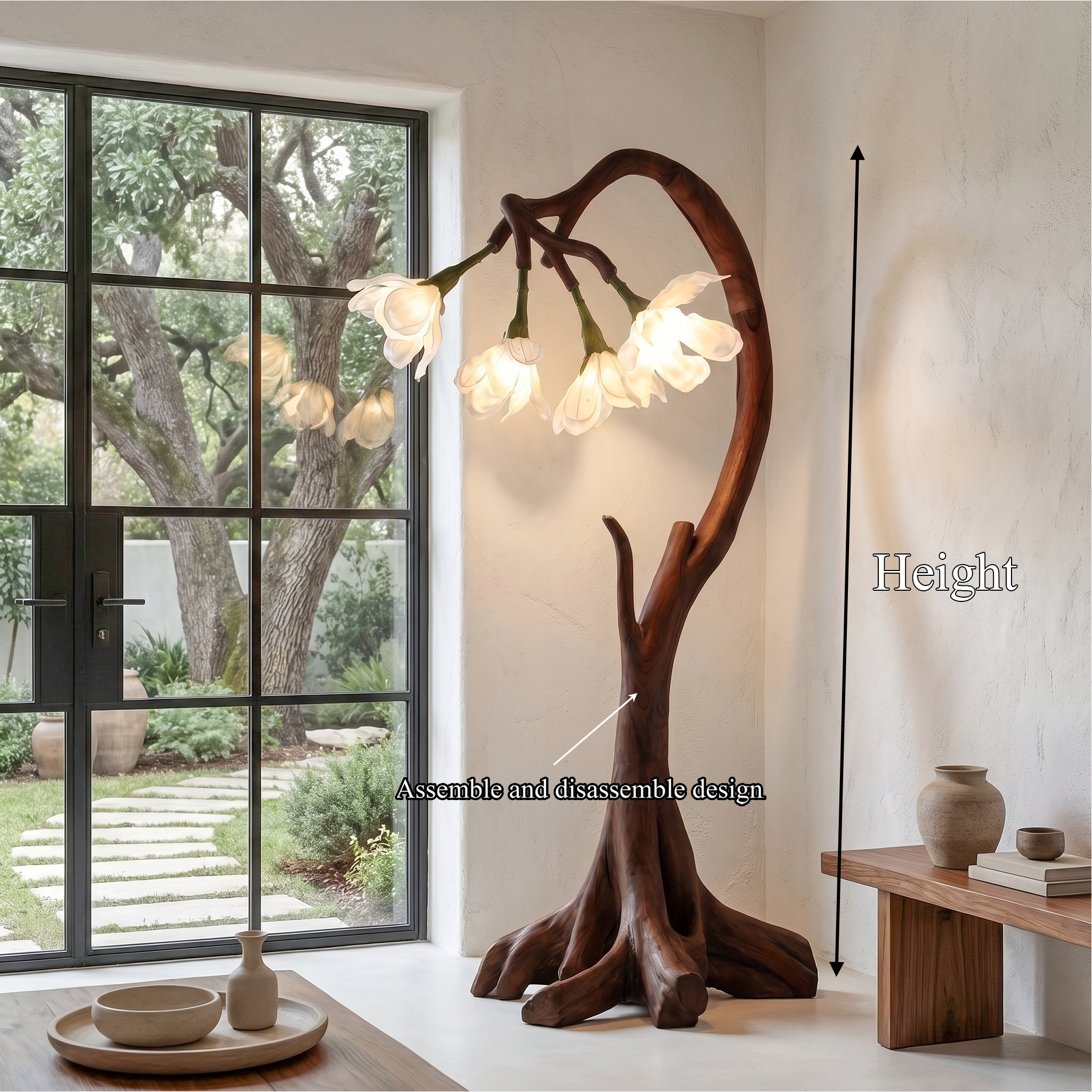 Bloom Floor Lamp With Sculptural Wooden Stand For Living Room And Bedroom