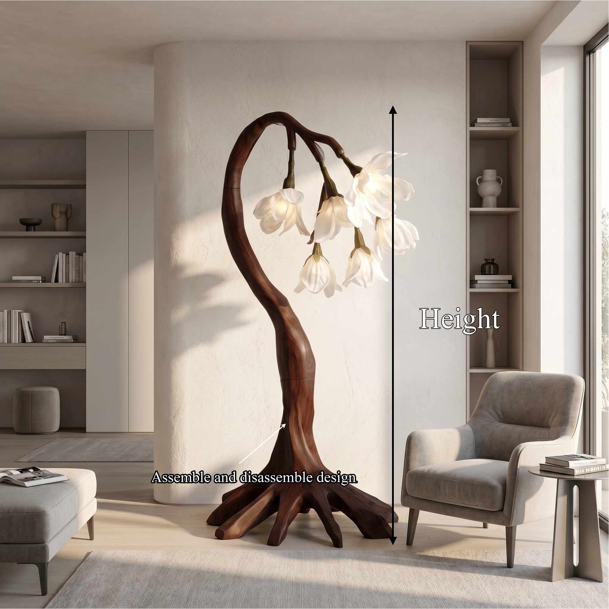 Flower Petal Floor Lamp With Solid Wood Base For Living Room And Bedroom