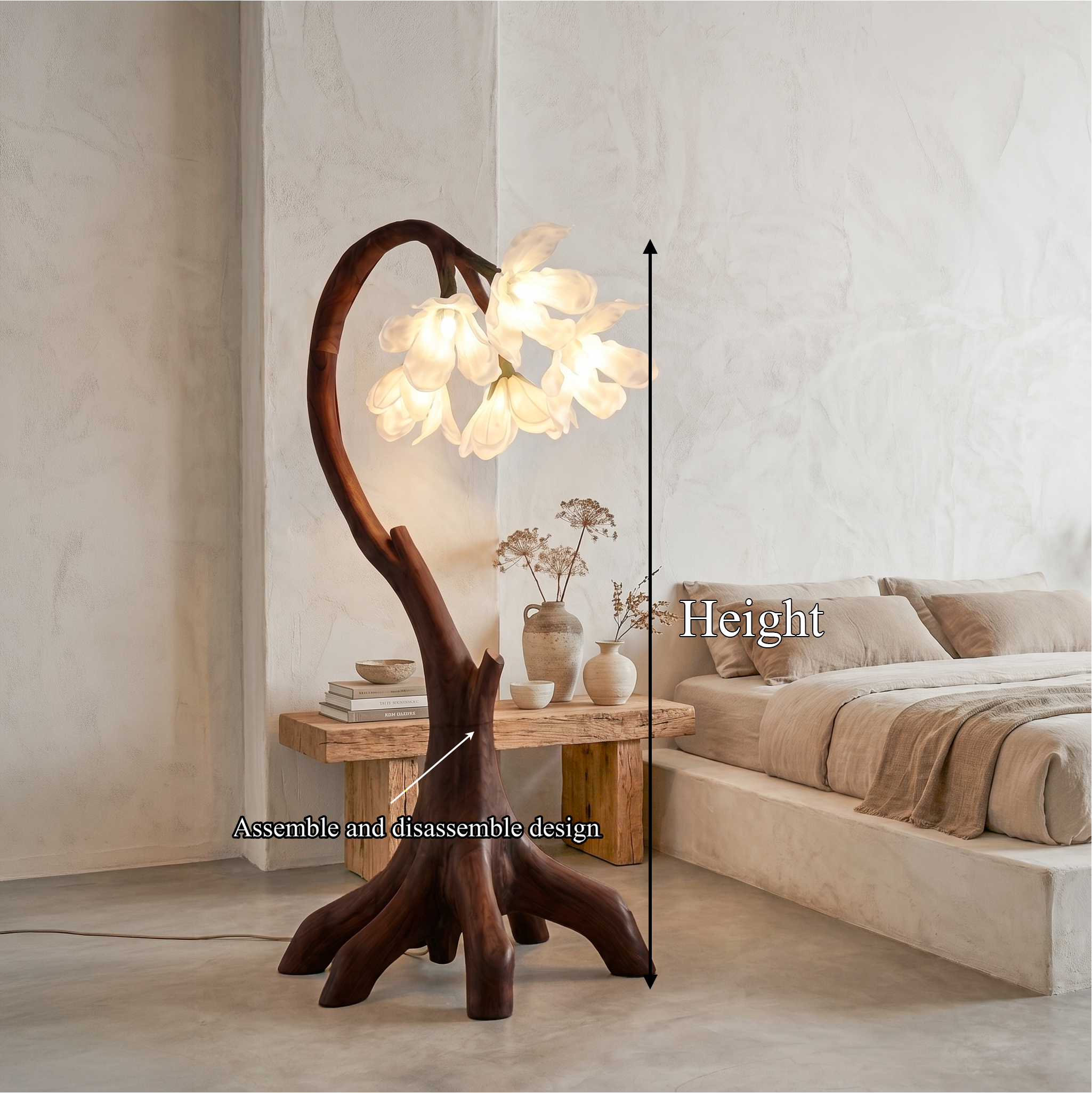 Flower Petal Floor Lamp With Solid Wood Base For Living Room And Bedroom