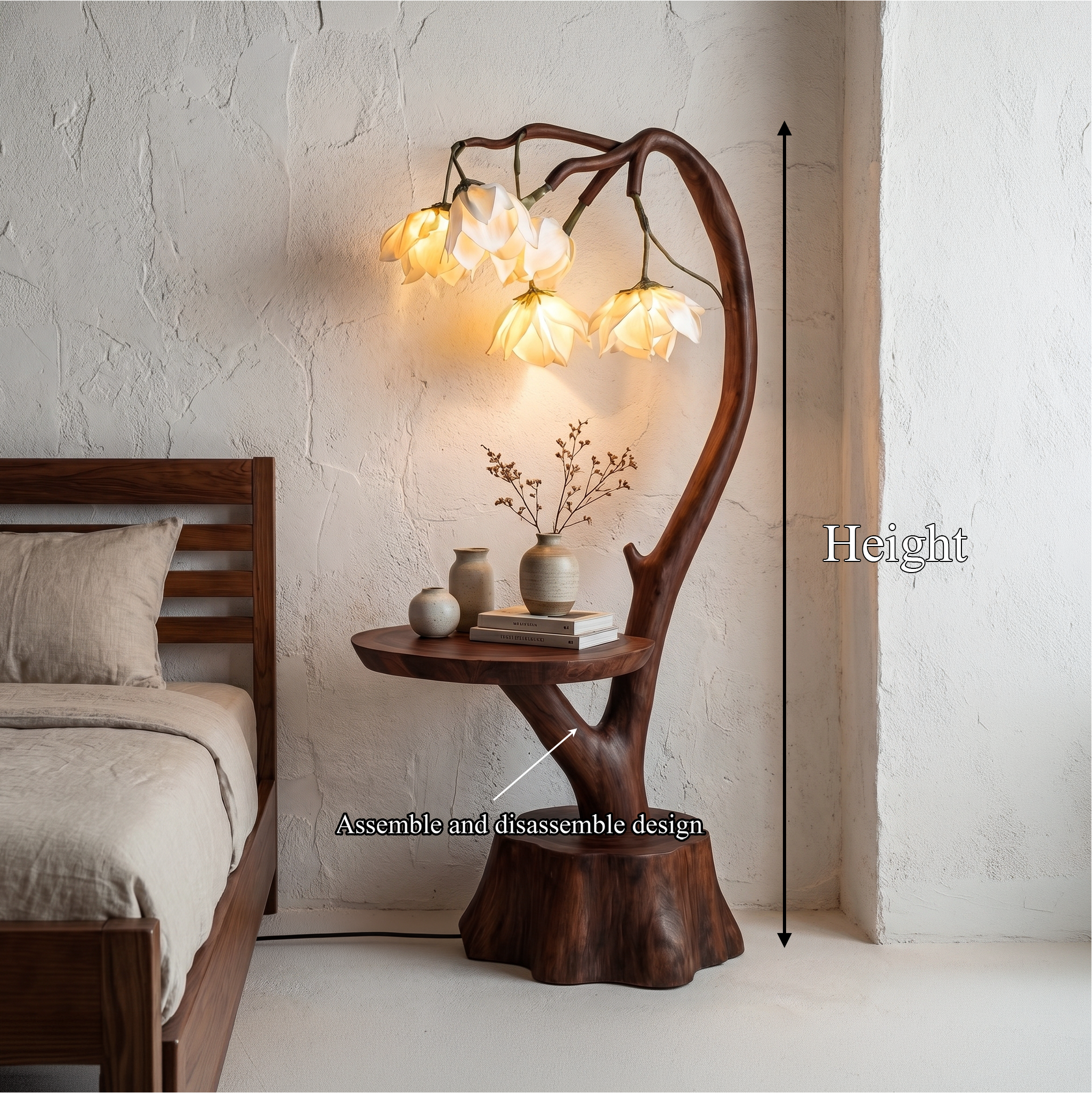 Sculptural Flower Floor Lamp With Handmade Wood Base For Living Room And Bedroom