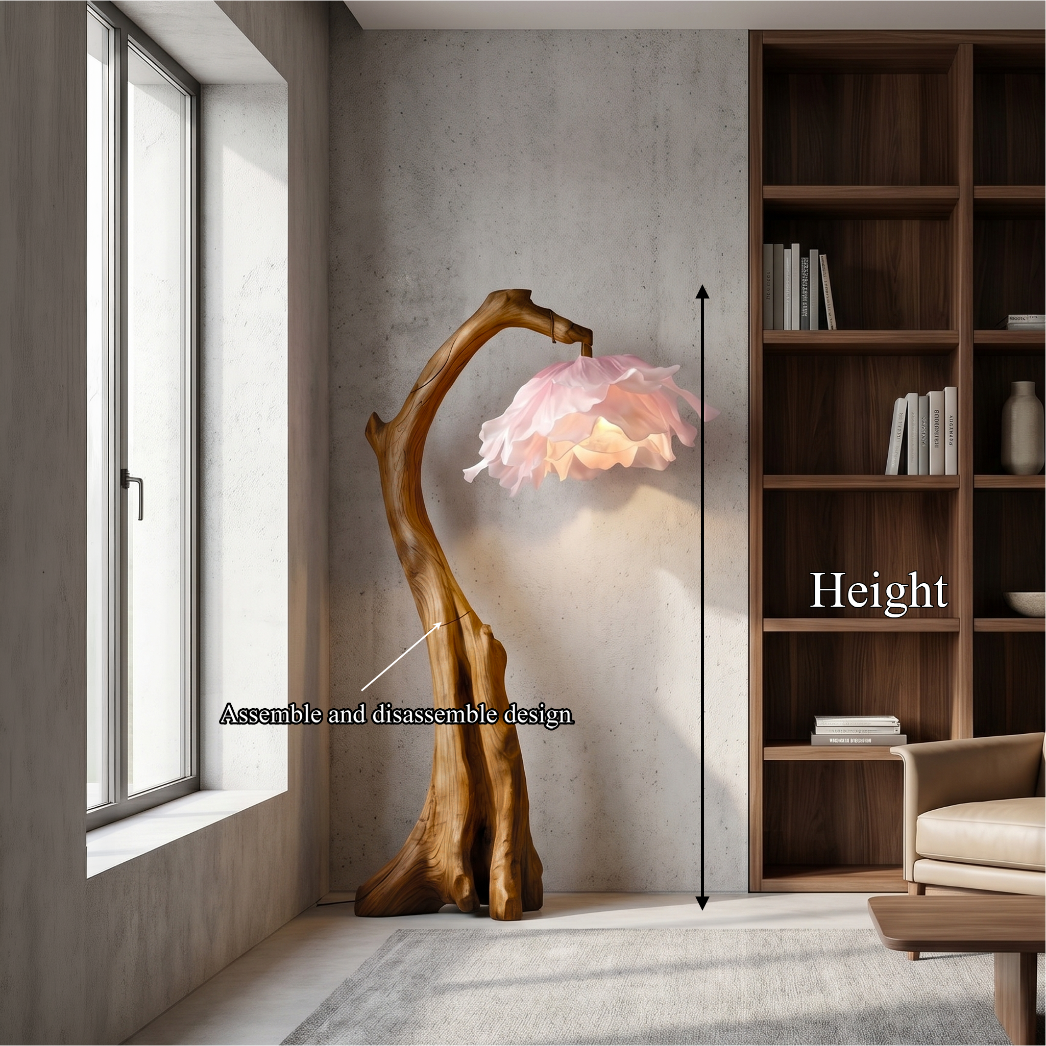 Handmade Flower Floor Lamp With Sculptural Wood Base For Living Room And Bedroom