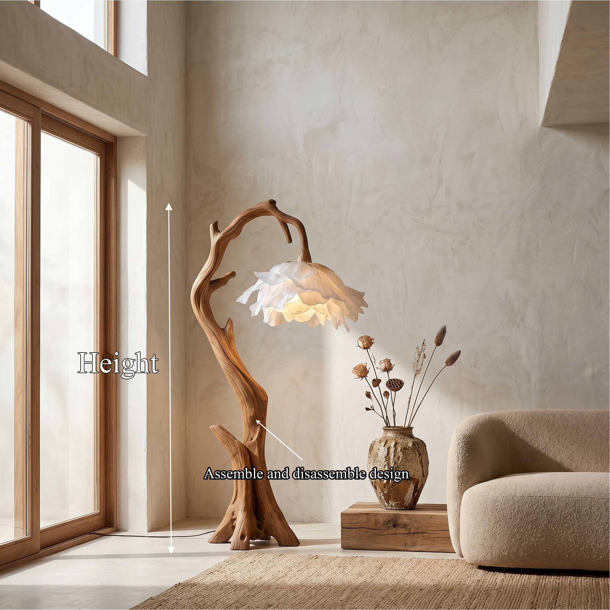 Nature Inspired Flower Floor Lamp With Solid Wood Base For Living Room And Bedroom