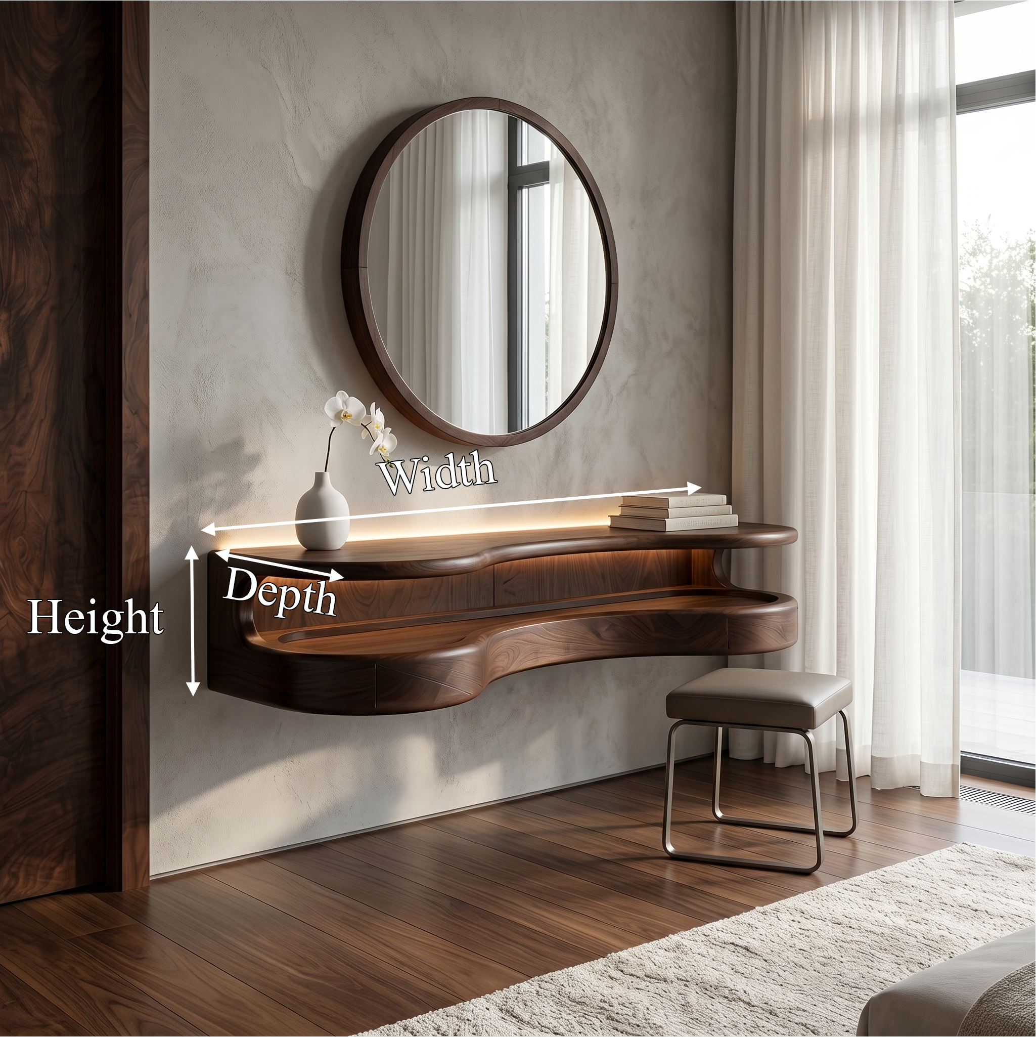 Organic Floating Vanity Desk With Rounded Wood Shelf For Bedroom