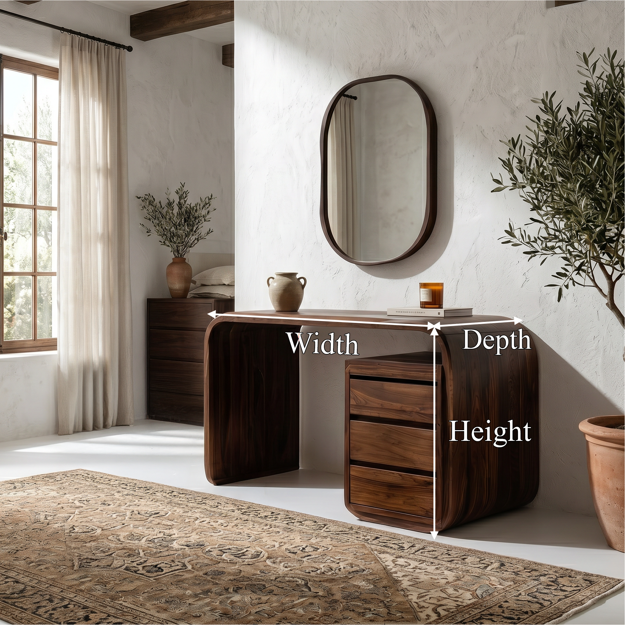 Modern Walnut Vanity Table With Open Shelf Cabinet For Bedroom