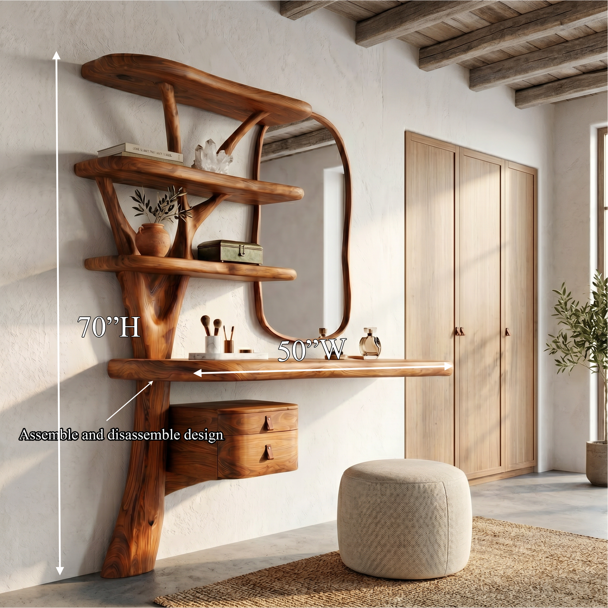 Sculptural Tree Vanity Desk With Curved Wood Shelves For Bedroom