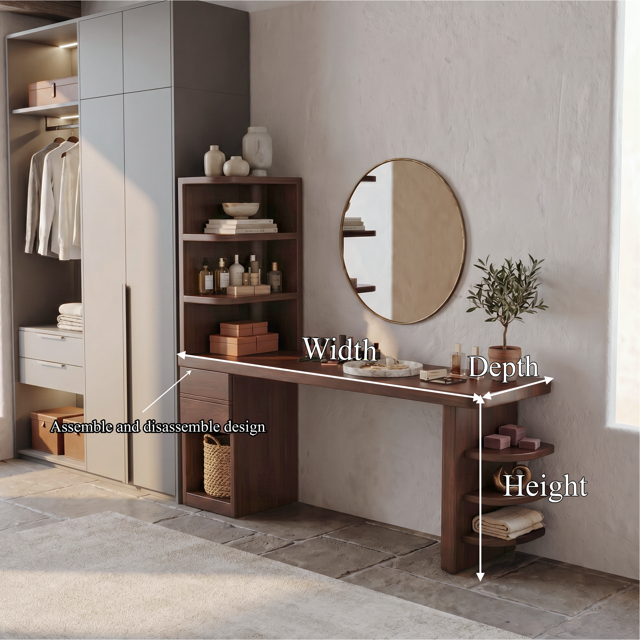 Contemporary Corner Makeup Vanity With Vertical Storage Shelves For Bedroom
