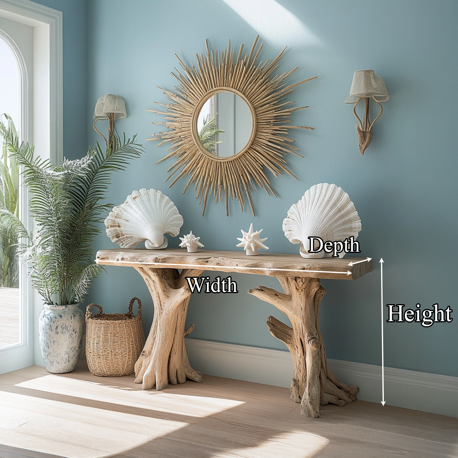 Coastal Driftwood Console Table  Natural Tree Trunk Legs