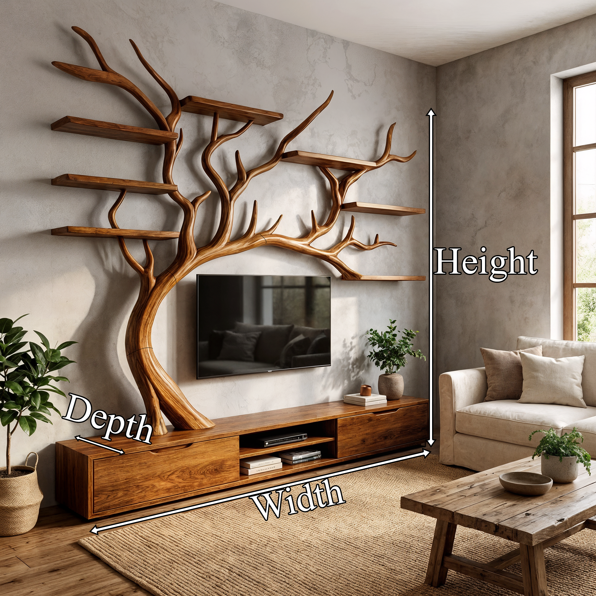 Nature Inspired Tree TV Wall Shelf For Living Room Media Storage And Decor