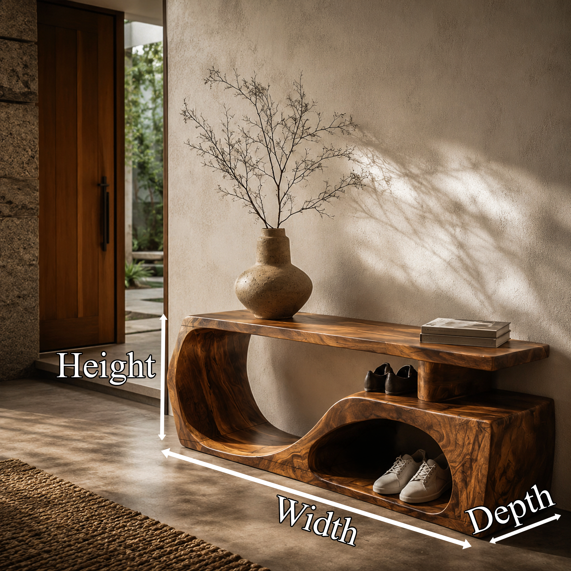 Contemporary Bench With Curved Open Shoe Storage For Entryway And Living Room