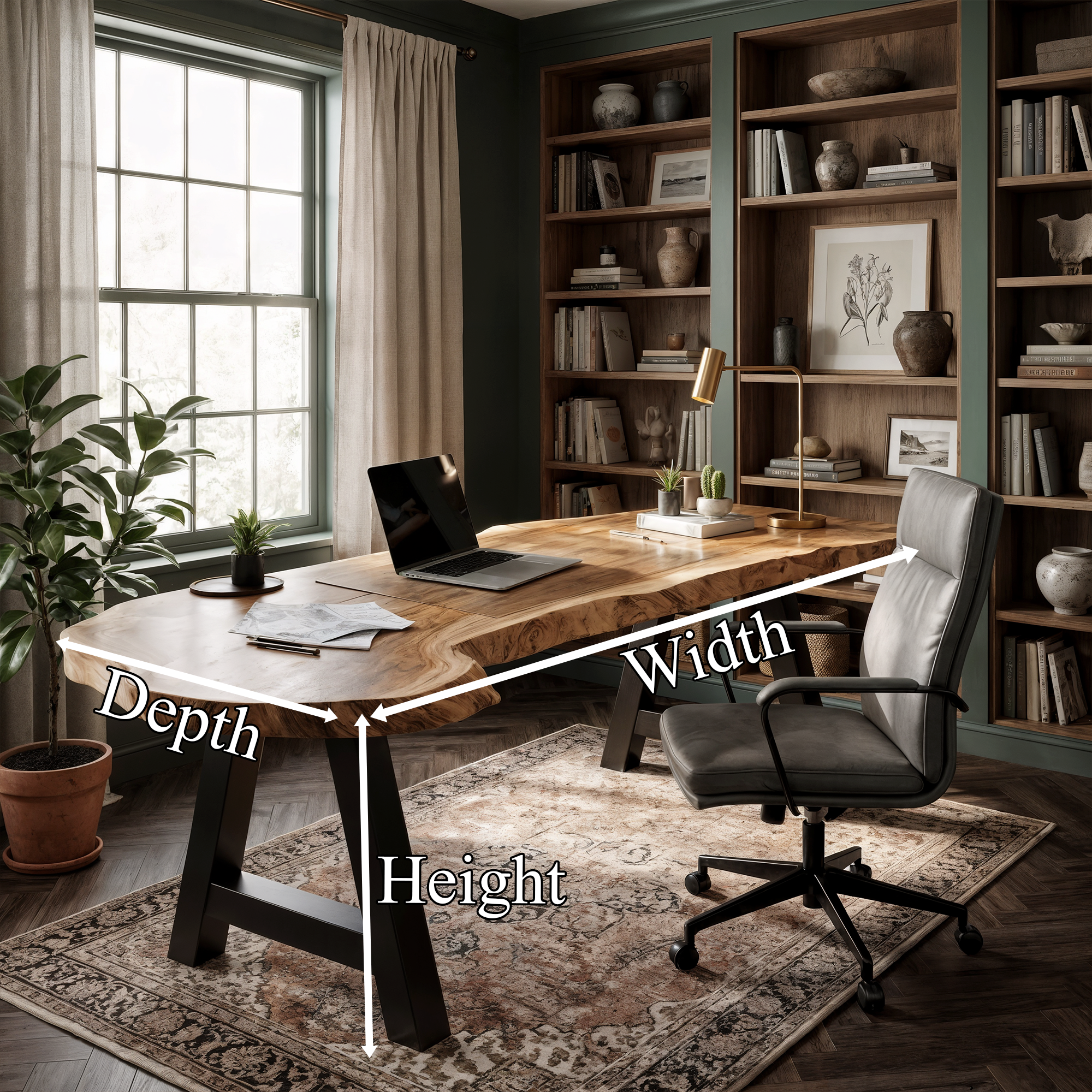 Rustic Writing Desk With Live Edge Wood Top And Metal Legs For Home Office