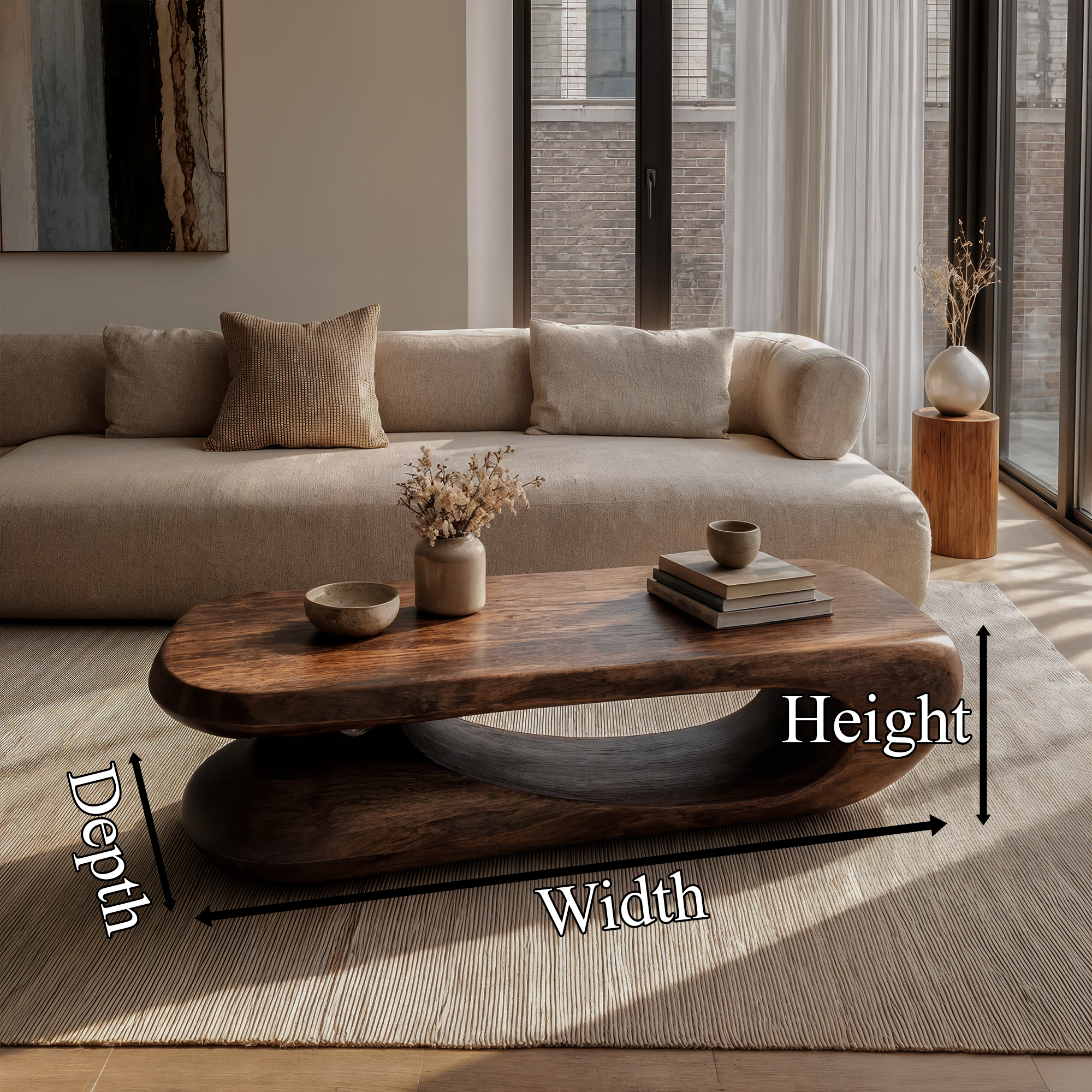 Organic Coffee Table With Flowing Monolithic Wood Form For Living Room