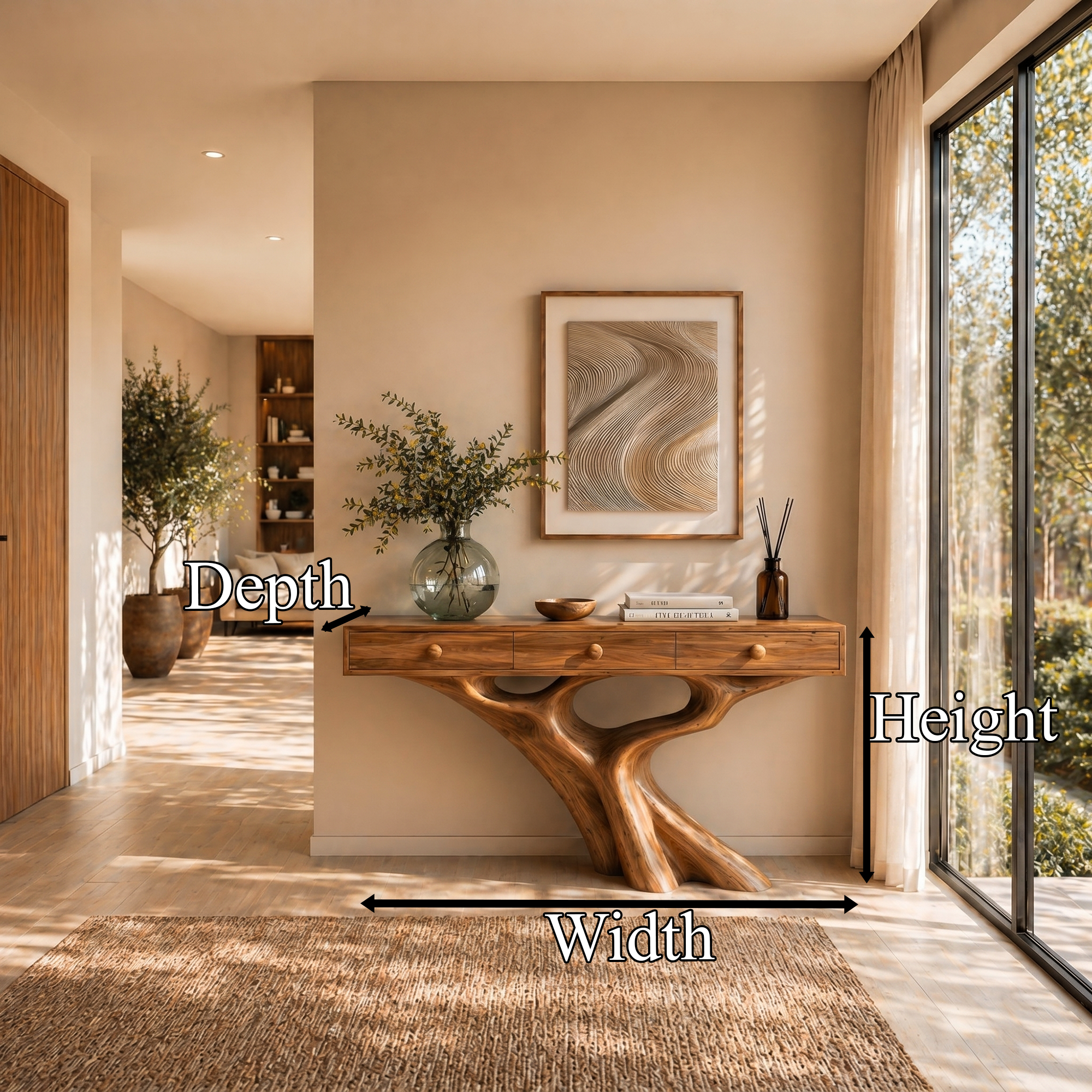 Organic Console Table With Built In Storage Cabinet And Sculptural Curved Wood Base For Entryway And Living Room
